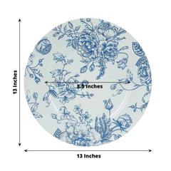 6-Pack Acrylic Round Charger Plates 13" in White with Light Blue Floral French Toile Pattern, Decorative Dinner Party Charger Tableware