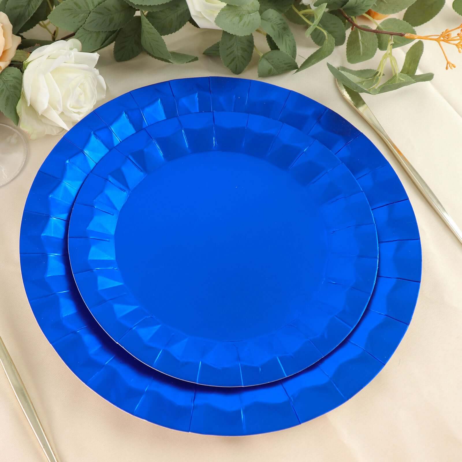 25-Pack Paper 12" Round Charger Plates in Royal Blue with Geometric Prism Design - Disposable 400GSM Serving Trays