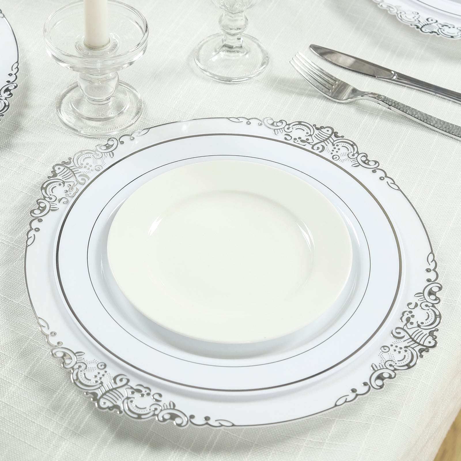 20-Pack Economy Plastic Round Charger Plates 13" in White with Silver Embossed Baroque Rim, Stylish Dinner Party Serving Plates