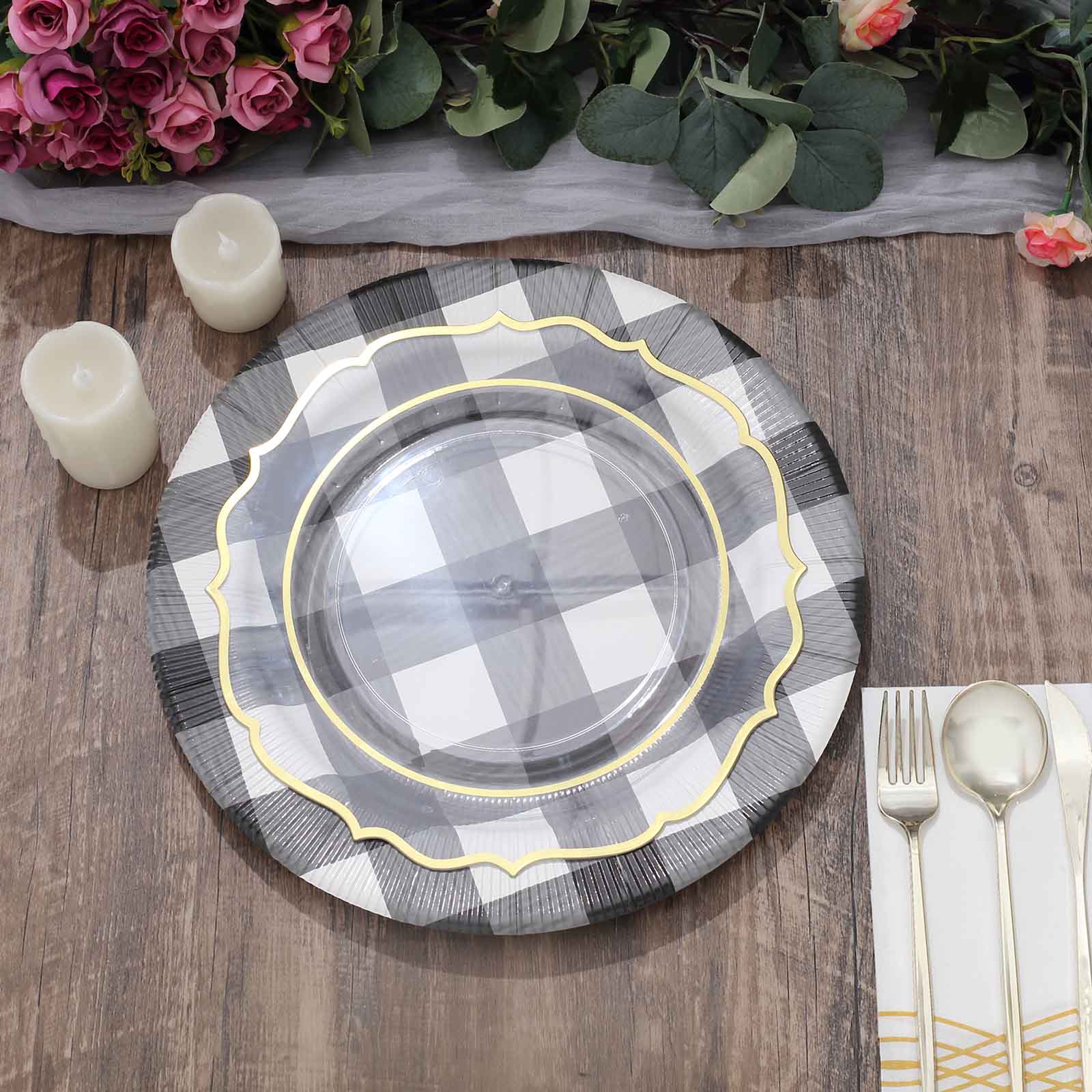 10-Pack Disposable Paper Charger Plates – Black/White Buffalo Plaid 13" Round Table Chargers, 350 GSM Cardstock