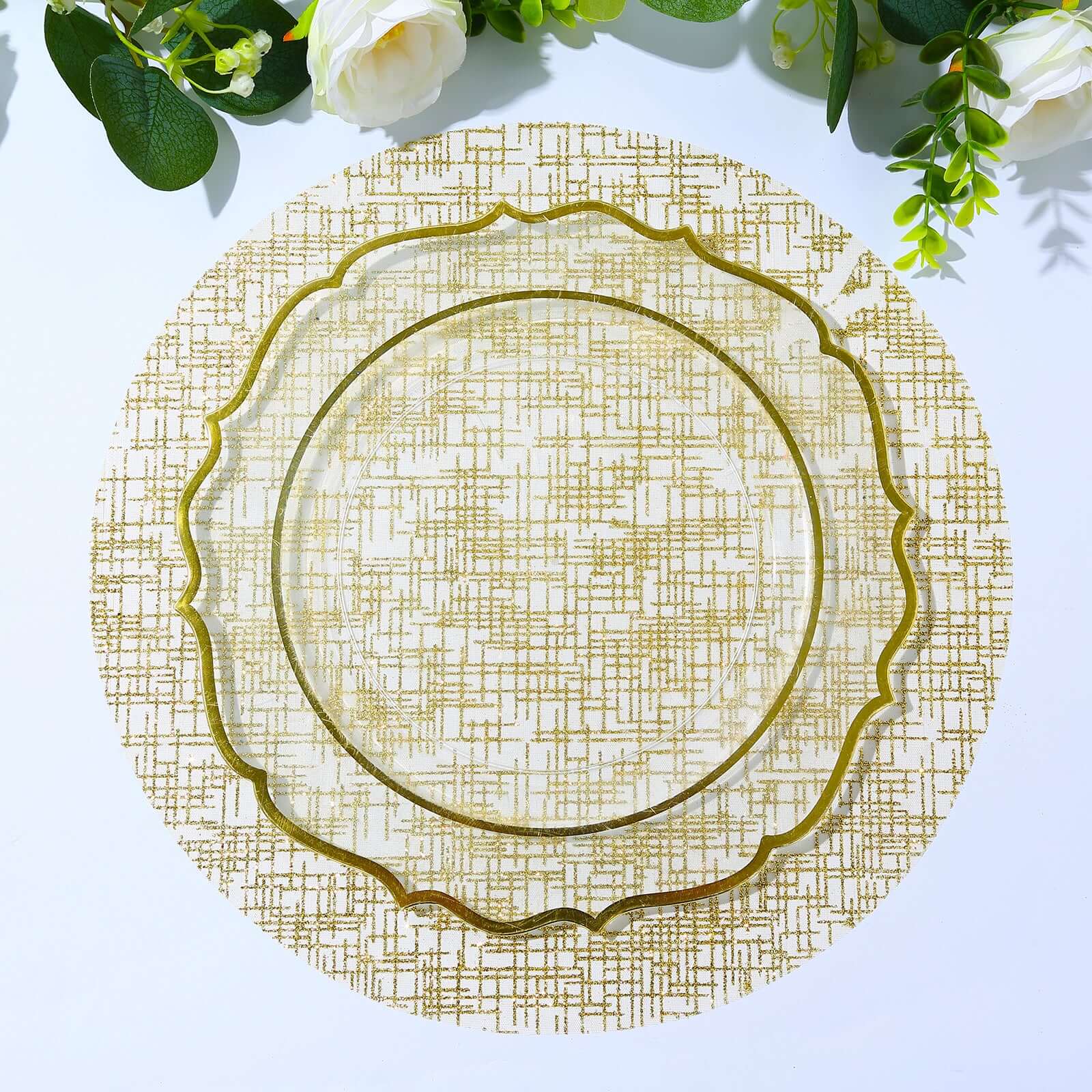 10-Pack Table Placemats Glitter Design Metallic Gold Round - Mesh Polyester Disposable Mats 13"