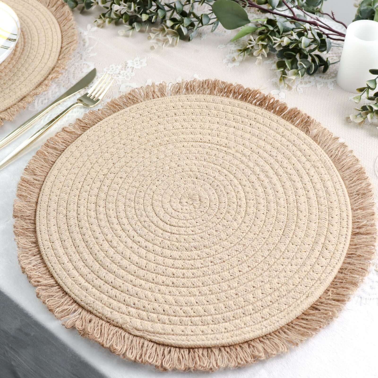 4-Pack Placemats Fringed Edge Design Natural Rustic Burlap Jute Round - Farmhouse Style Table Mats with Trim 15"
