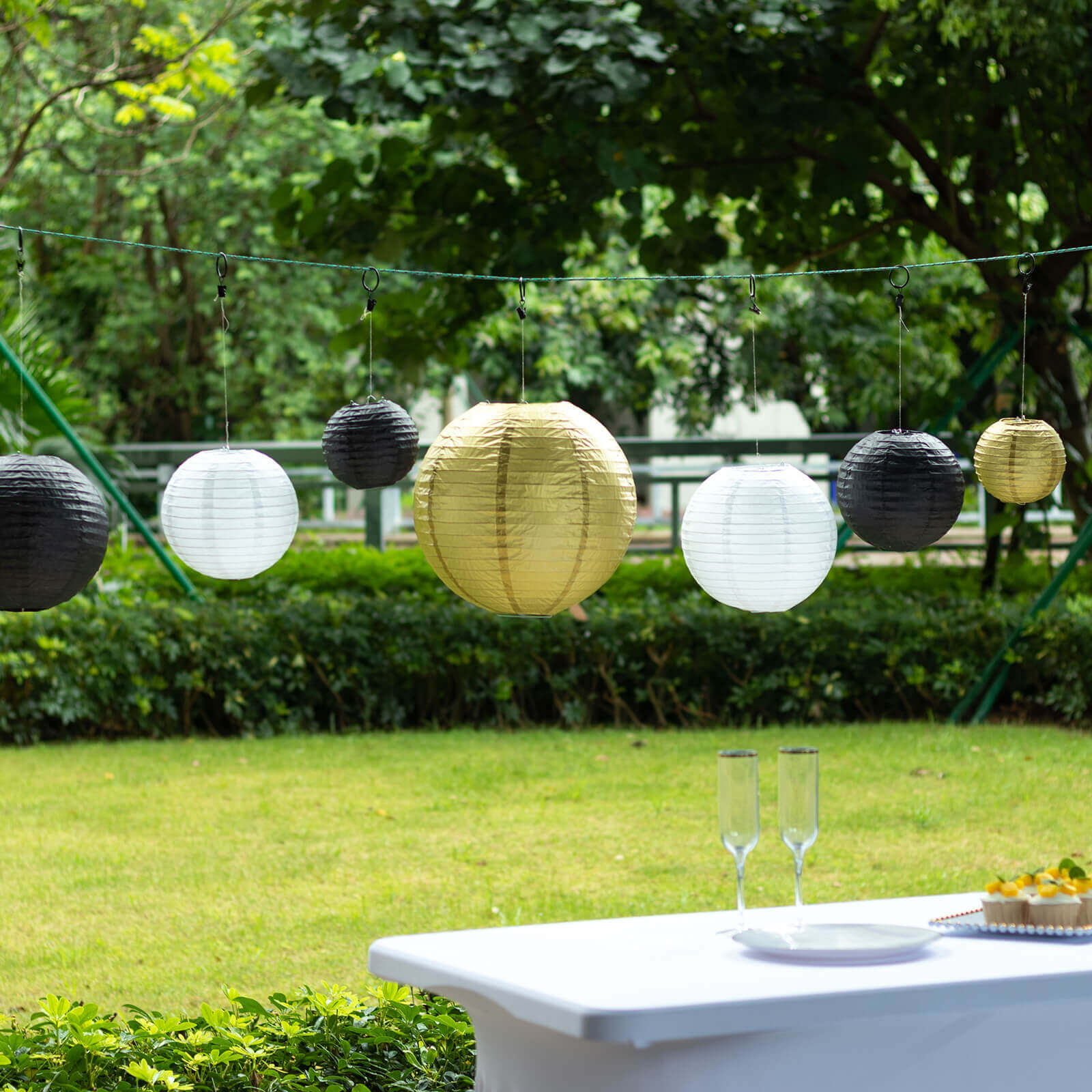 Set of 8 Mixed Black Gold Hanging Paper Lanterns, Decorative Round Chinese Sky Lanterns, Assorted Sizes - 6",8",10",14"