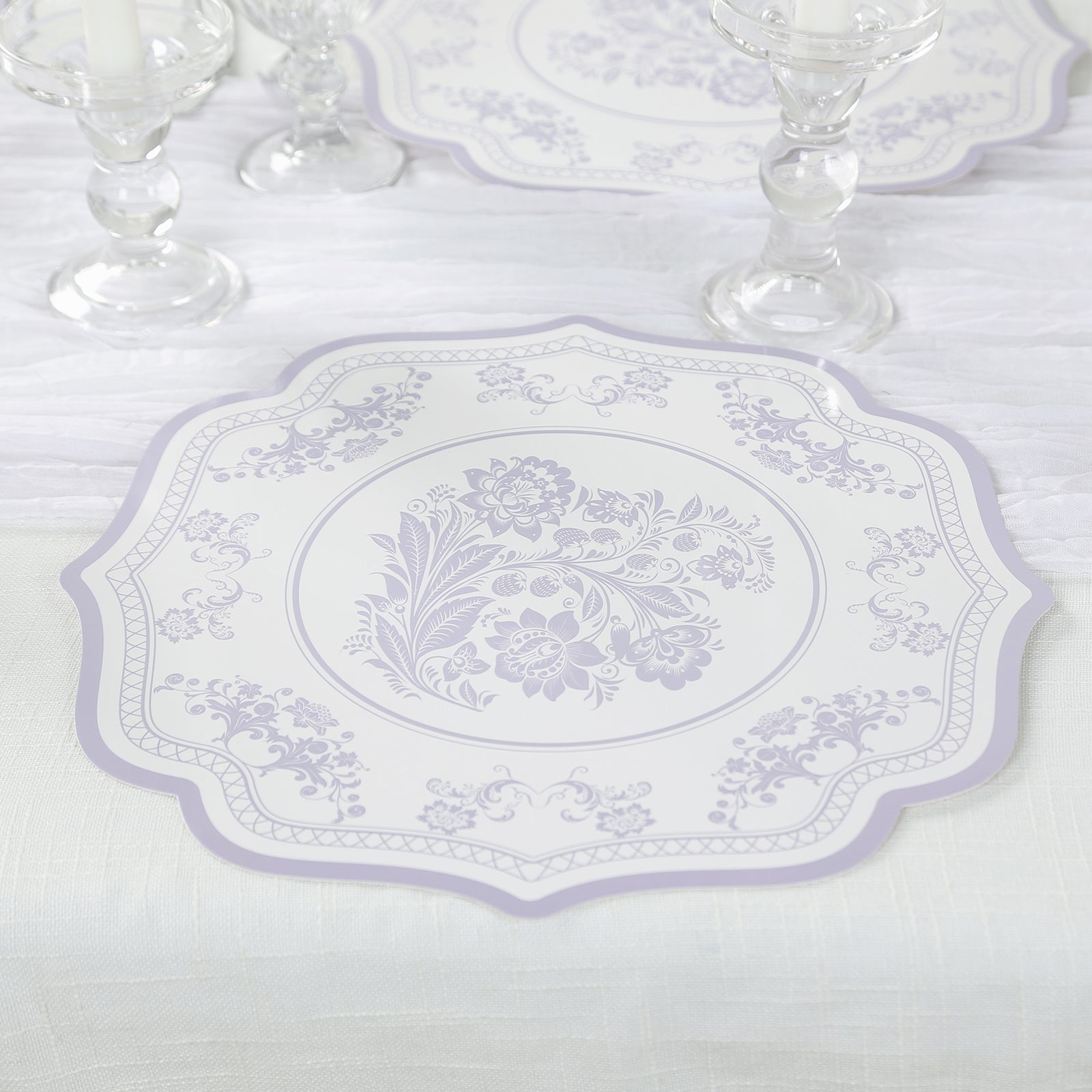 10-Pack Disposable Table Placemats 13" Round Placemats in White with Lavender Damask Floral Pattern & Scalloped Rim - 400GSM Cardboard Placemats for Stylish Table Setting
