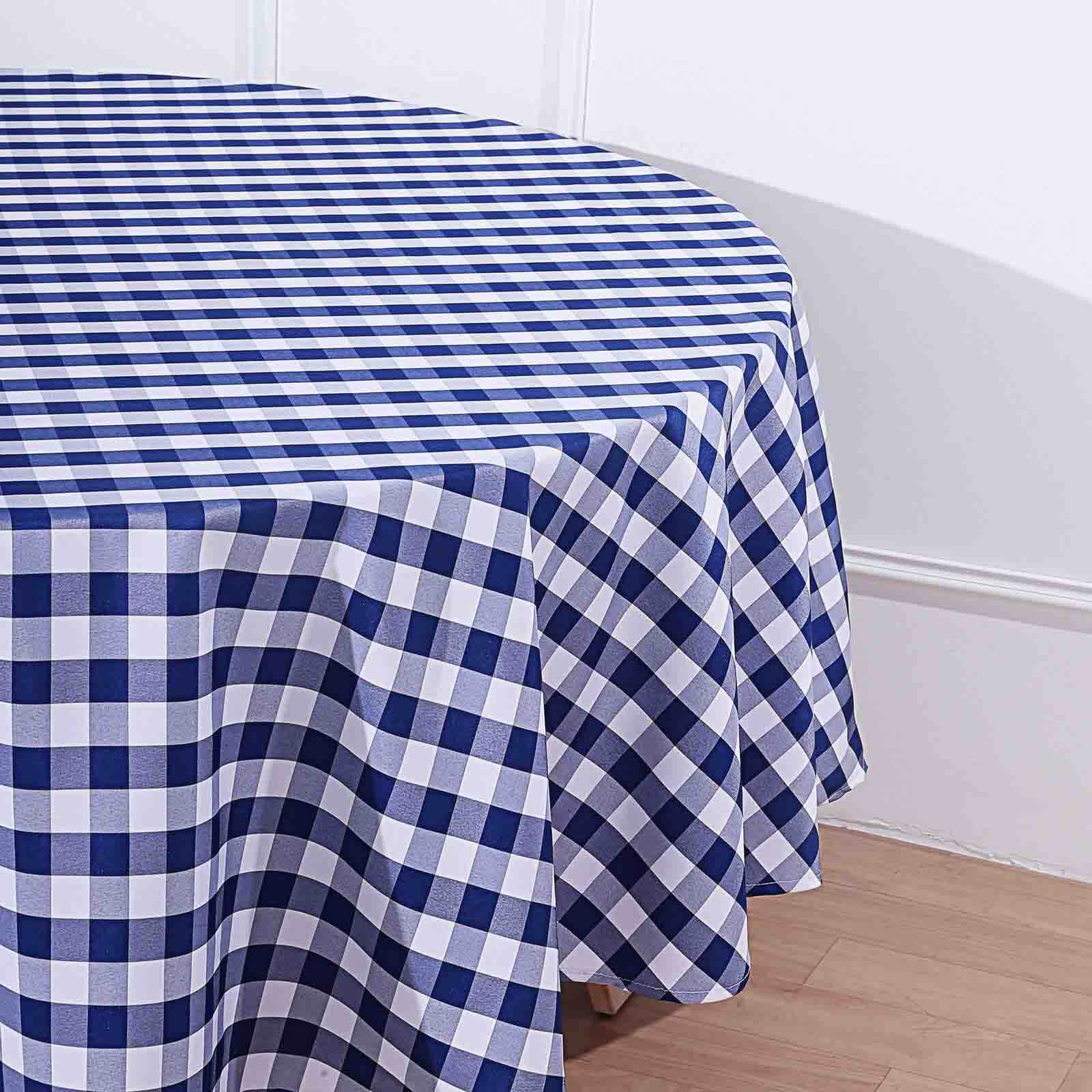 Polyester 90" Round Tablecloth White/Navy Blue - Checkered Buffalo Plaid Table Cover