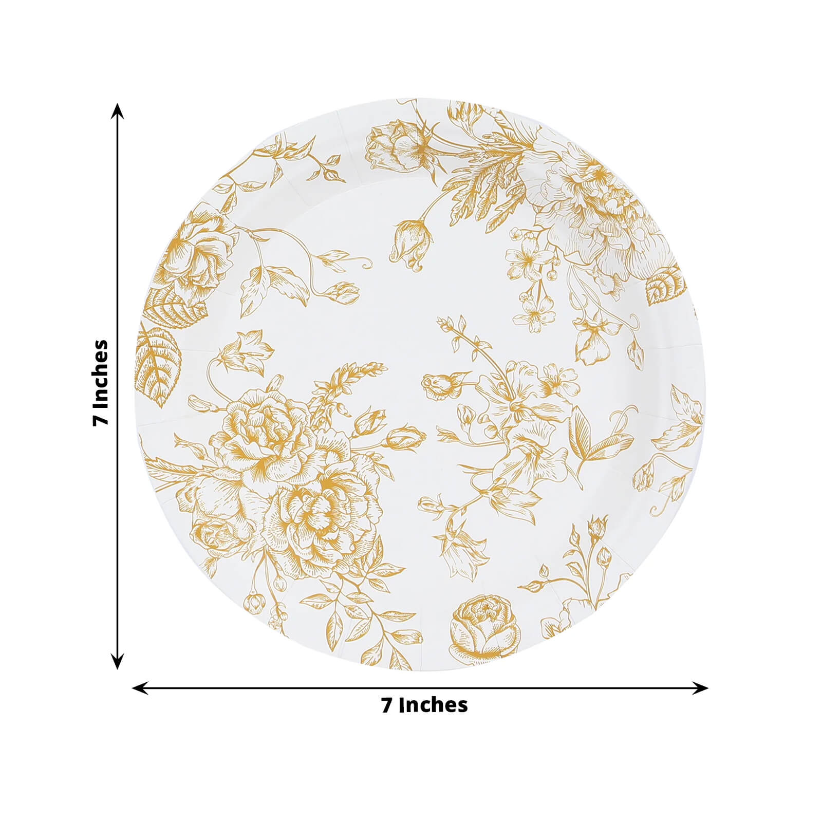 25-Pack Paper 7" Round Dessert Plates in White with Gold French Toile Pattern - Disposable Floral Salad Appetizer Plates for Chic Event Decor