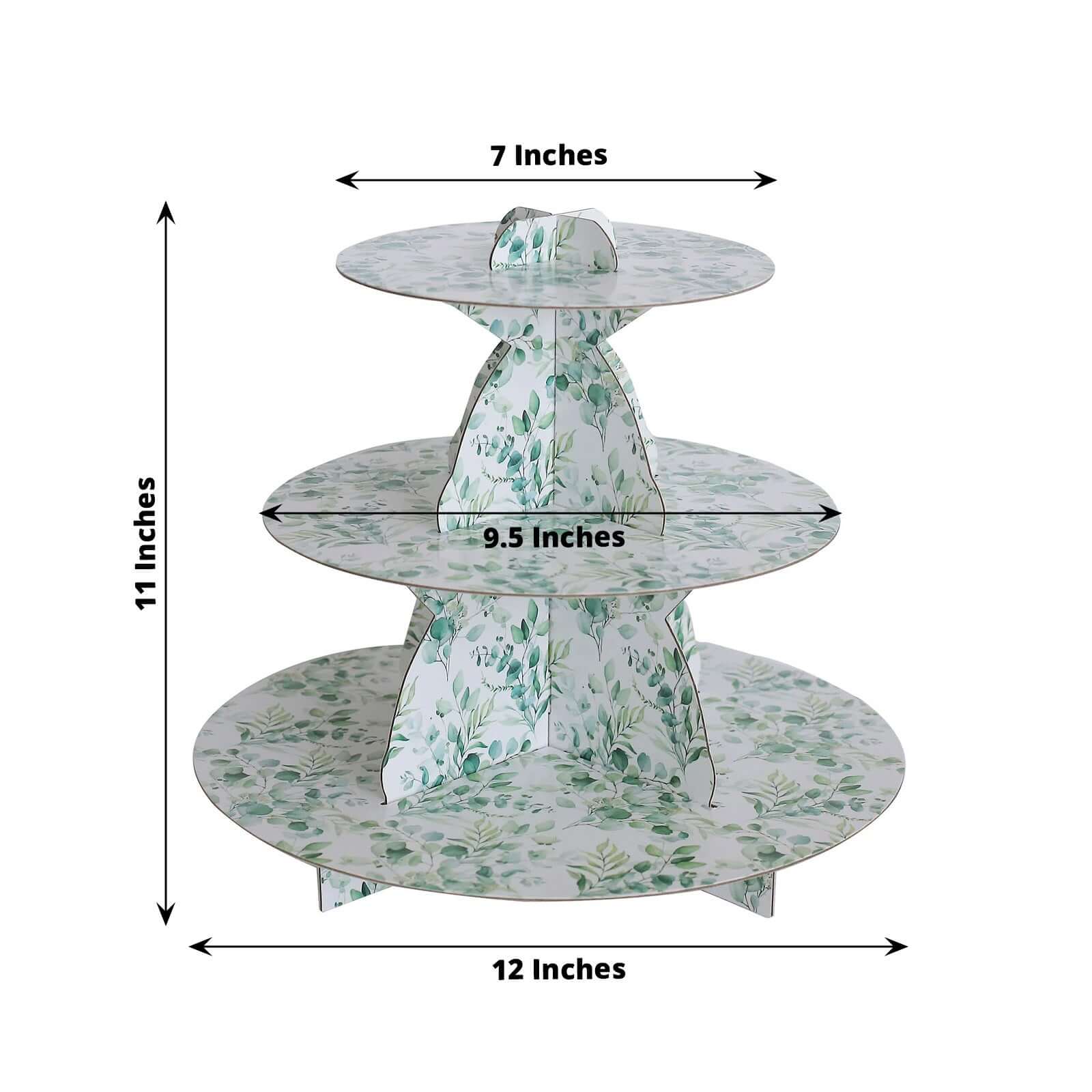 3-Tier Cardboard Cupcake Stand White with Green Eucalyptus Leaves Pattern - Reusable Dessert Display Stand Round Serving Platter for High-Tea Gatherings Weddings & Spring Celebrations 11"