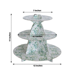 3-Tier Cardboard Cupcake Stand White with Green Eucalyptus Leaves Pattern - Reusable Dessert Display Stand Round Serving Platter for High-Tea Gatherings Weddings & Spring Celebrations 11"