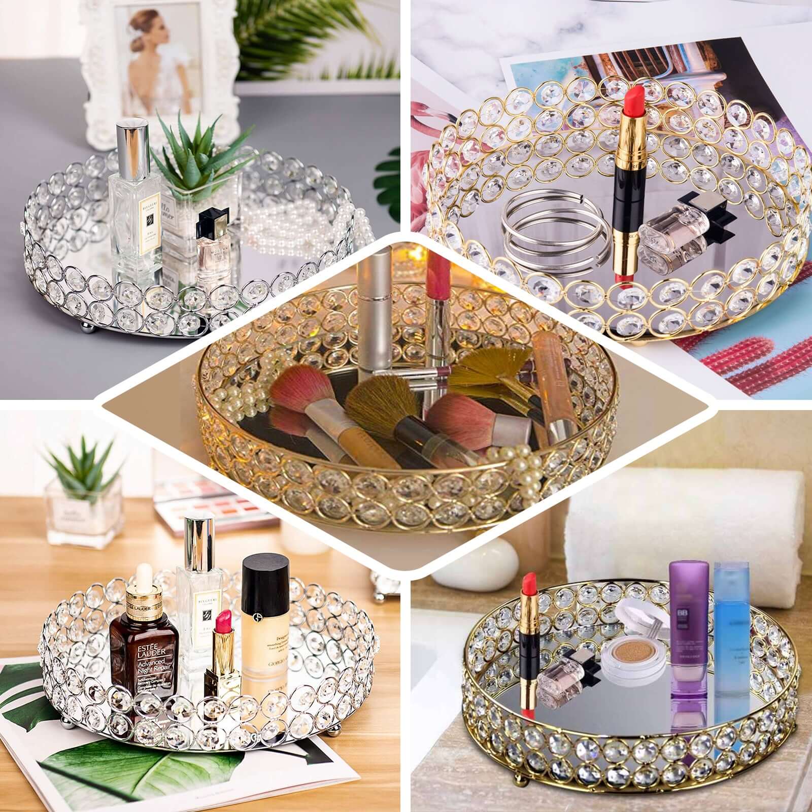 Set of 2 Metal Serving Trays 13", 9" Round Gold with Mirrored Top, Classy Decorative Vanity Tray Centerpiece