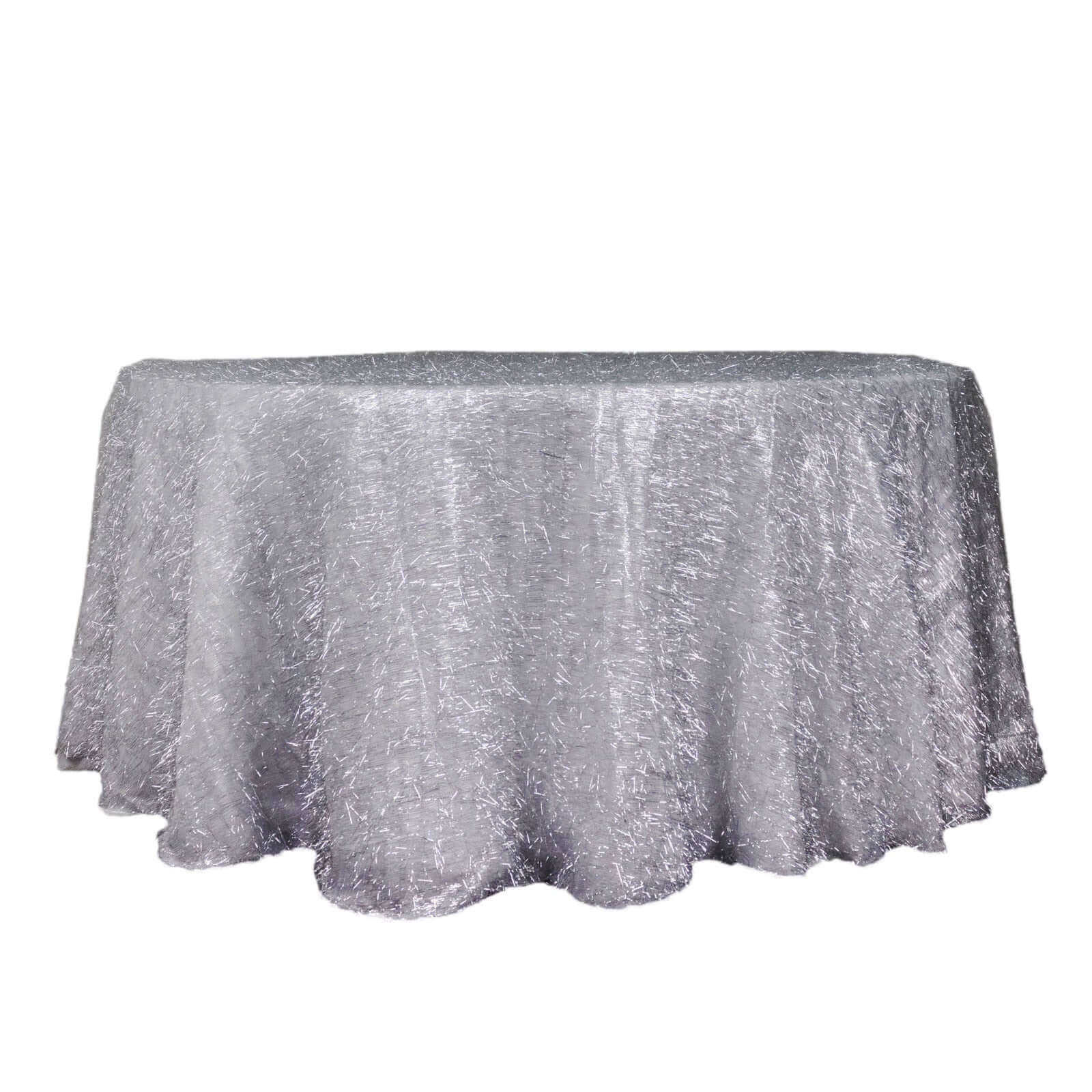 Polyester 120" Round Silver Tablecloth Metallic Fringe Shag Tinsel Table Cover