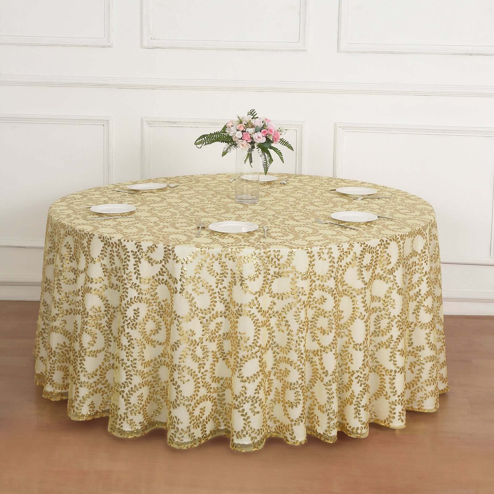 Tulle 120" Round Tablecloth Gold - Seamless Sequin Leaf Embroidered Design for Sophisticated Occasions