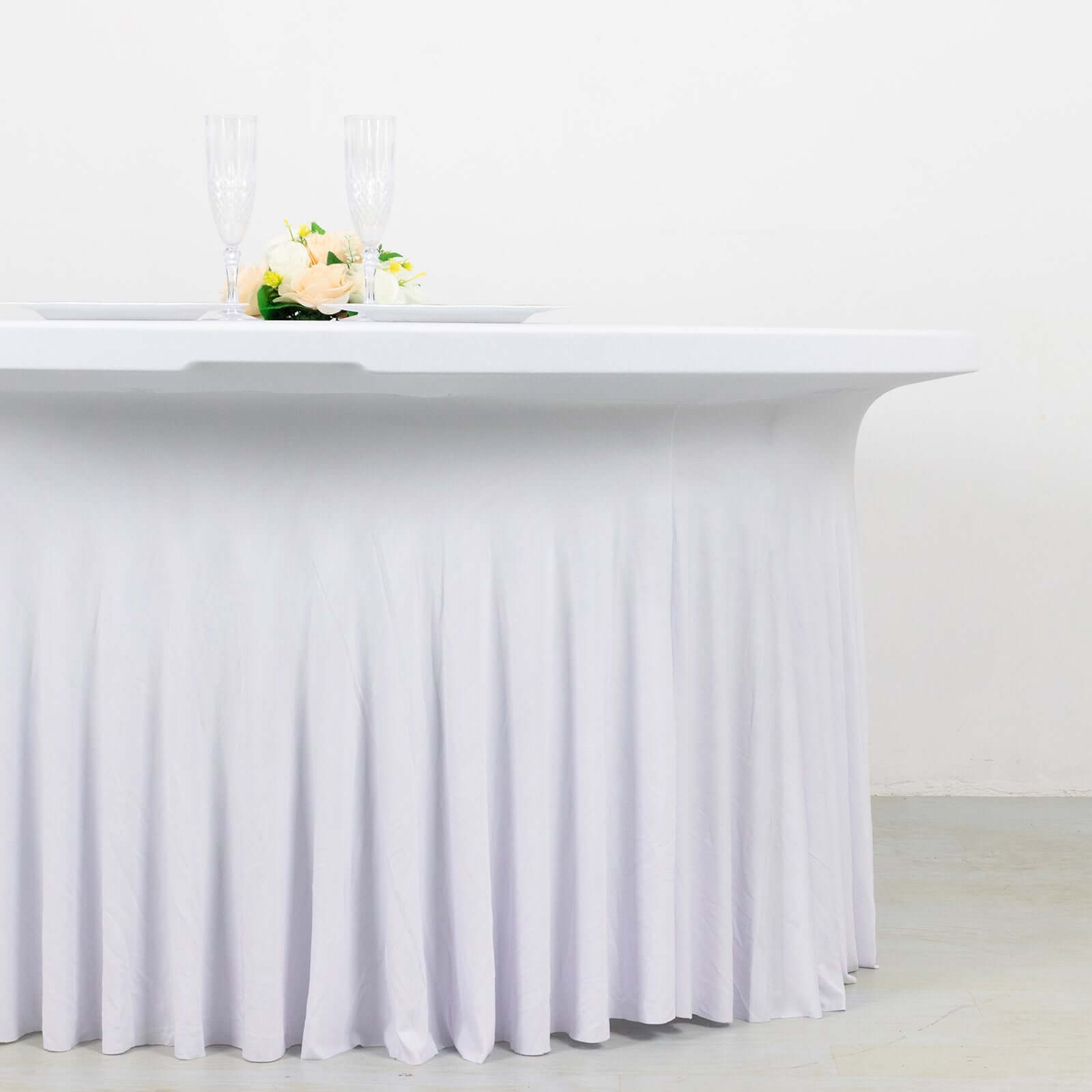 Spandex Round 5ft Table Skirt White with Wavy Skirt-Like Effect Stylish Table Cover for Weddings, Banquets & Trade Shows
