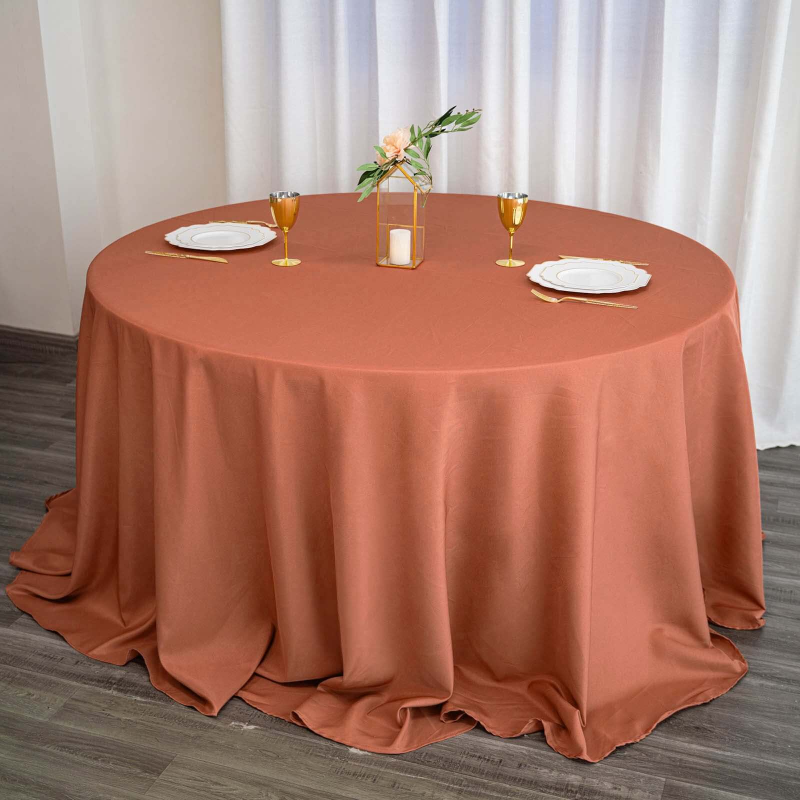Polyester 132" Round Tablecloth Terracotta (Rust) - Seamless Chic Table Cover