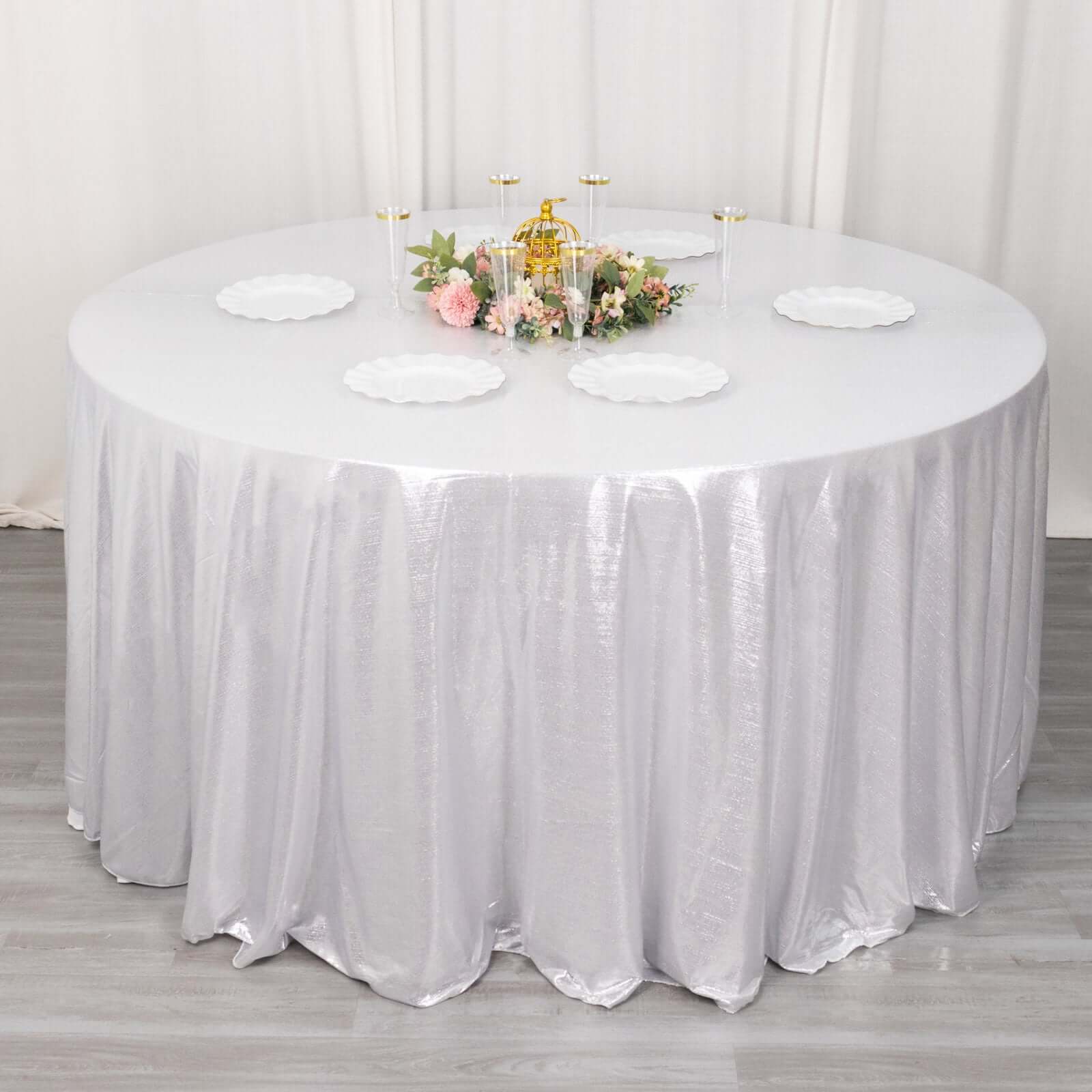 Sequin Dots Polyester Round 120" Tablecloth Shimmering Silver - Wrinkle Free & Sparkling Table Cover