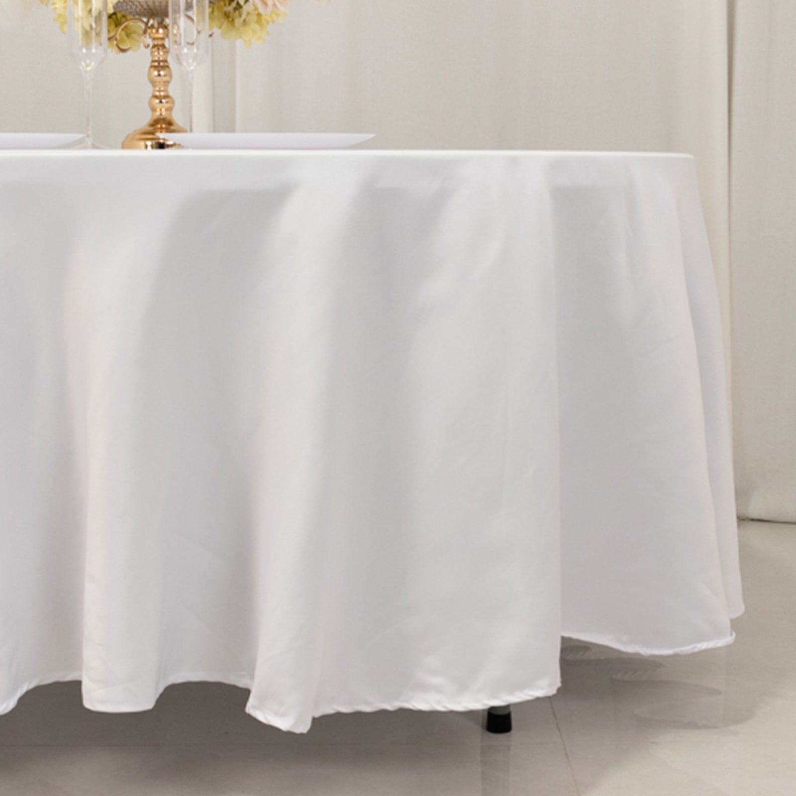 Lamour Satin 108" Round Tablecloth White - Durable & Silk-Like Table Cover for Classy Weddings & Events