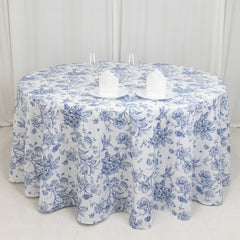 Polyester 120" Round Tablecloth White - Blue French Toile Pattern for Chic Weddings