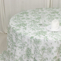 Polyester 132" Round Tablecloth White - Dusty Sage Green French Toile Pattern for Chic Weddings