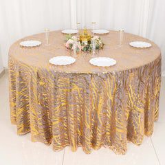 Sequin Mesh 120" Round Tablecloth Rose Gold/Gold - Seamless Wave Embroidered Table Cover