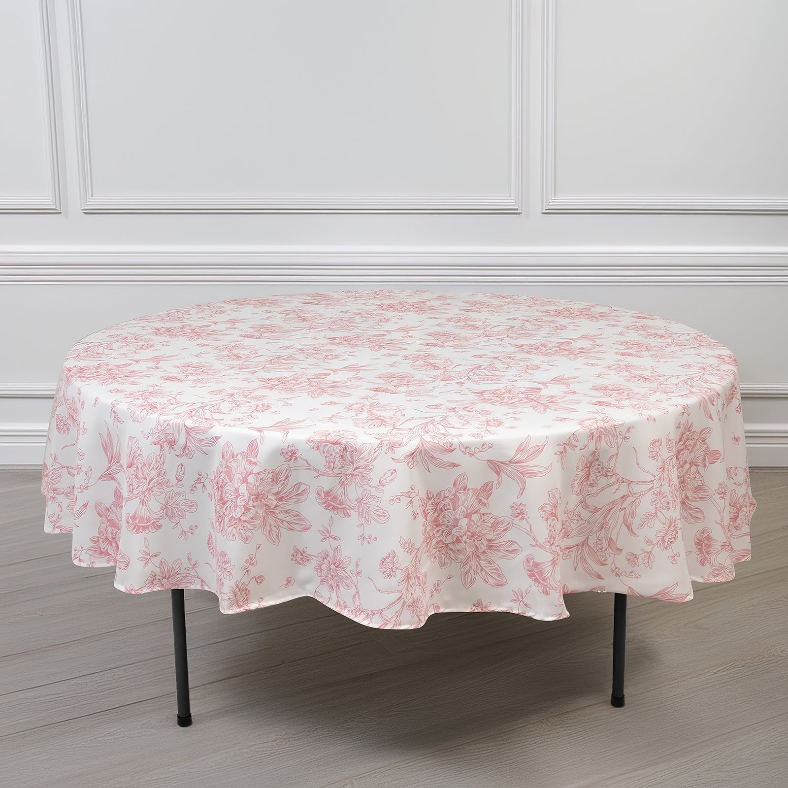Polyester 90" Round Tablecloth White - Pink French Toile Pattern for Chic Weddings