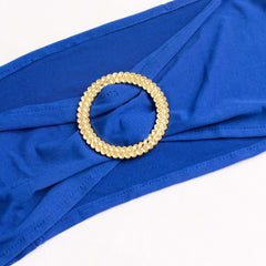 5 Pack Spandex Chair Sashes Royal Blue with Gold Rhinestone Buckles - Reusable Four-Way Stretch Sash Bands 5"x14"