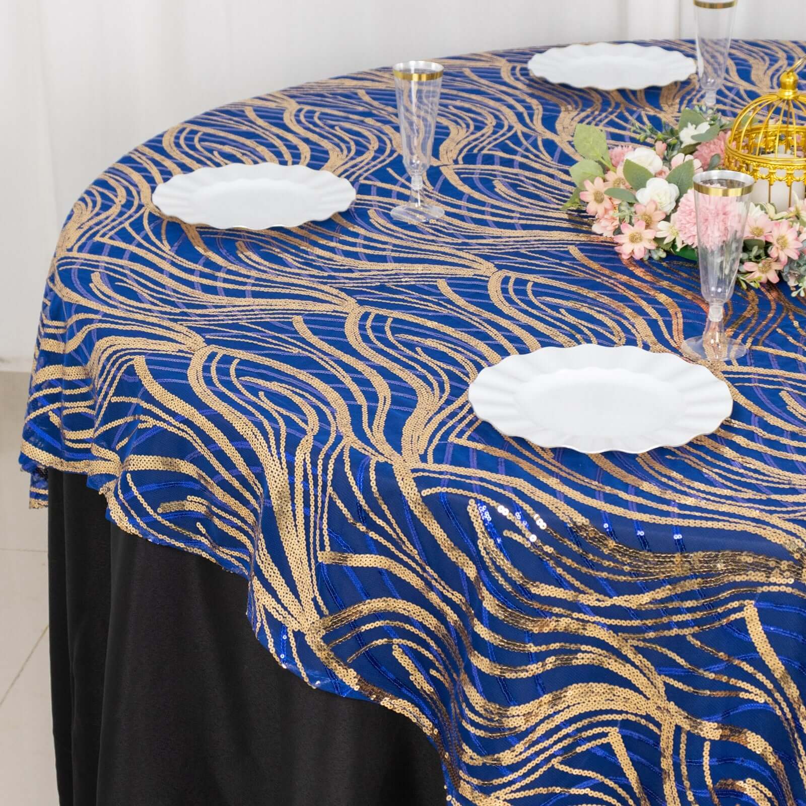 Mesh 72"x72" Table Overlay Square Tablecloth Royal Blue - Wave Embroidered Sequins Table Topper