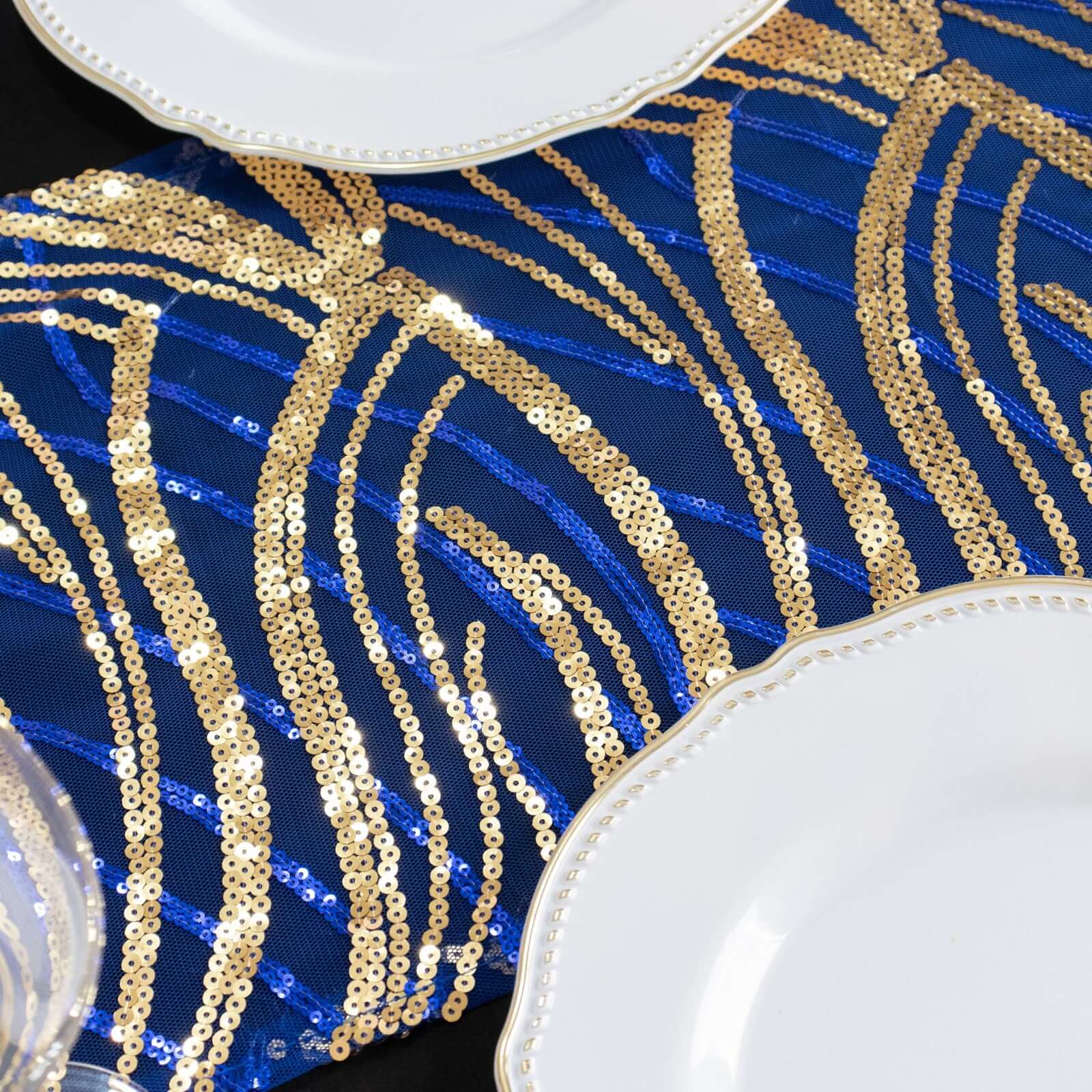 Sequin Mesh 12"x108" Table Runner Royal Blue/Gold Stylish Wave Embroidery