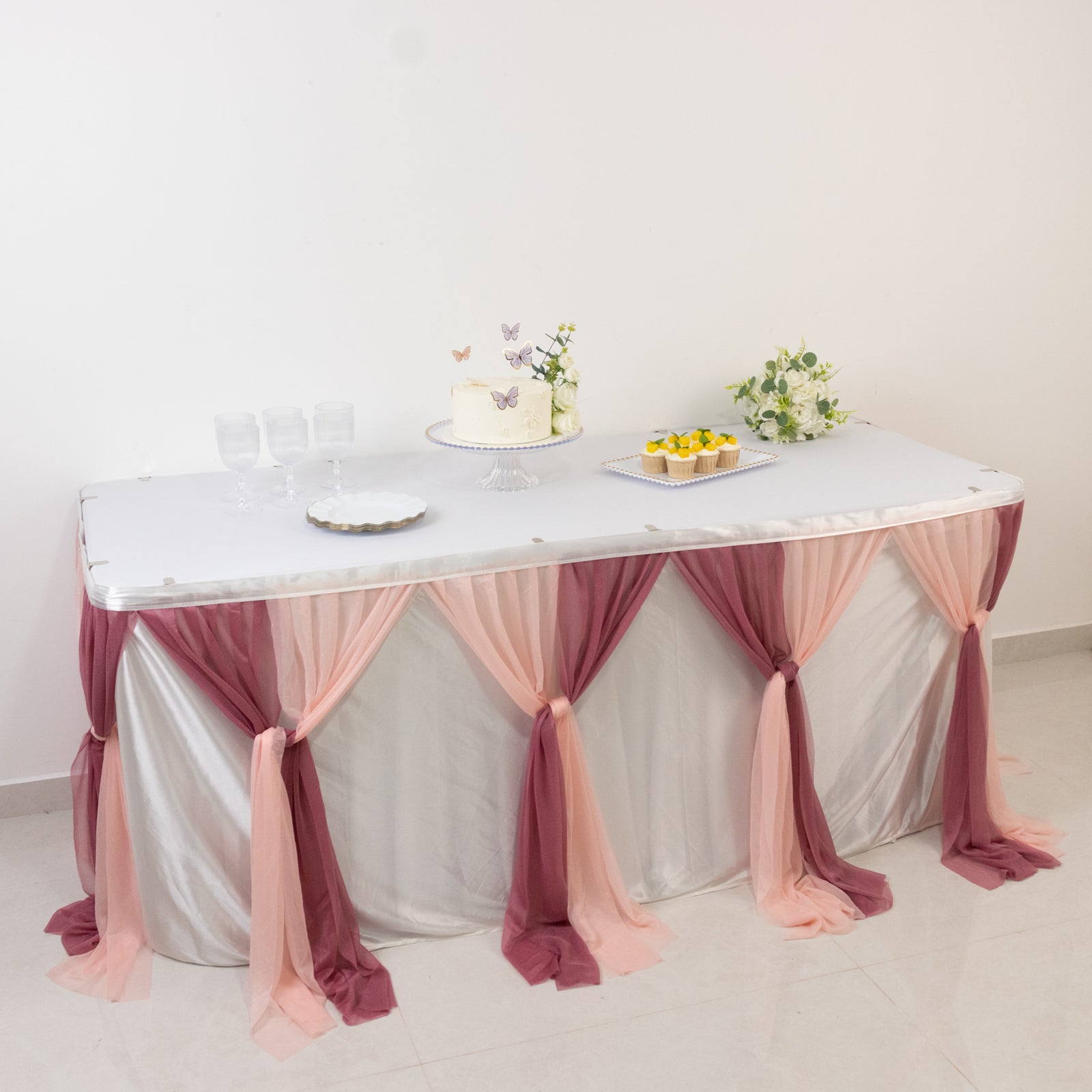 14ft Sheer Pleated Ruffle Skirting Chiffon Table Skirt - Mauve and Blush, Shimmer Sheer, Wrinkle-Free Fabric