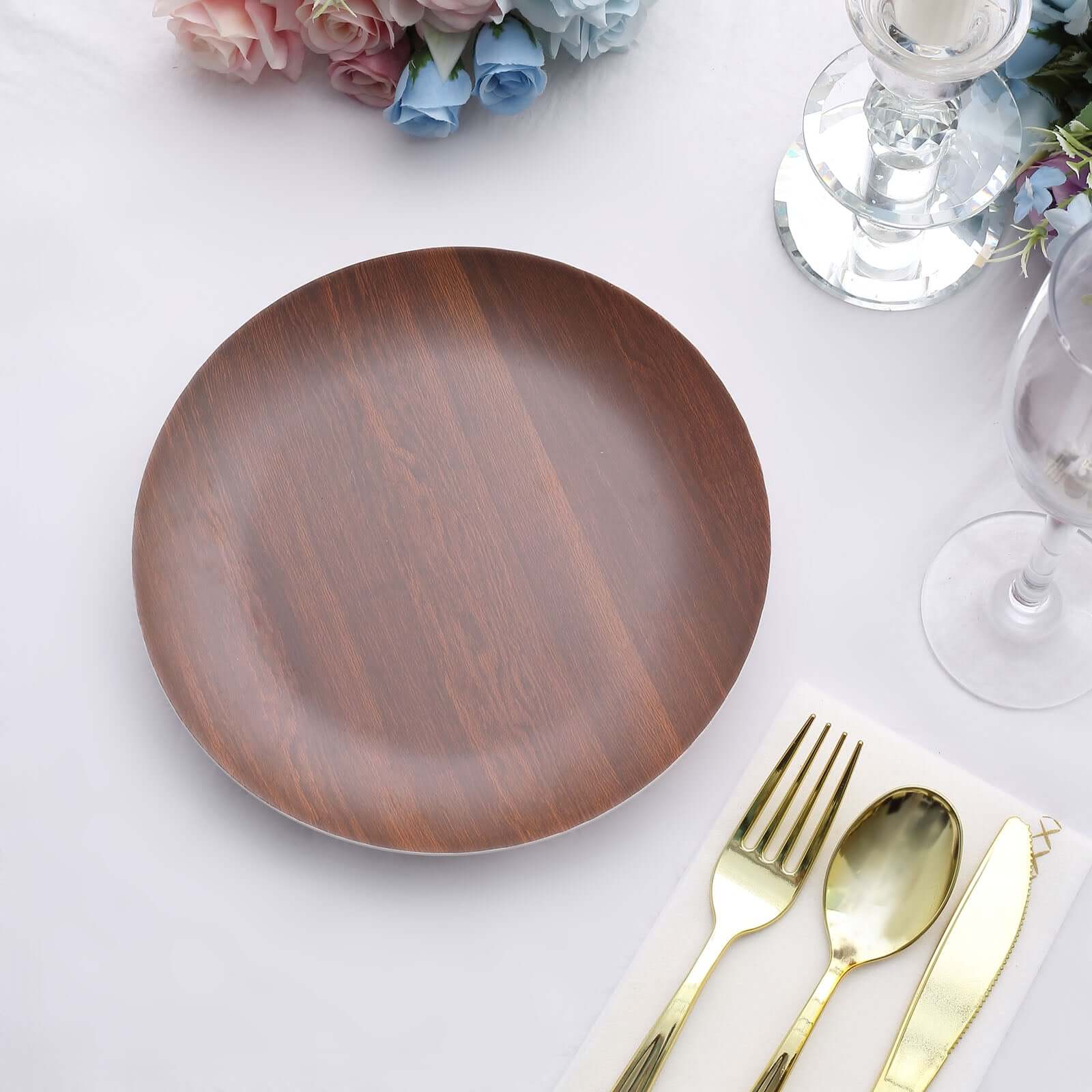 Pack of 6 Melamine 8" Round Dessert Plates in Brown Wood Grain Print - Disposable Shatterproof Appetizer Salad Plates for Rustic Farmhouse-Inspired Table Decor