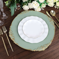 6-Pack Acrylic Round Charger Plates 13" in Dusty Sage Green with Gold Embossed Baroque Rim, Antique Decorative Dinner Party Charger Tableware