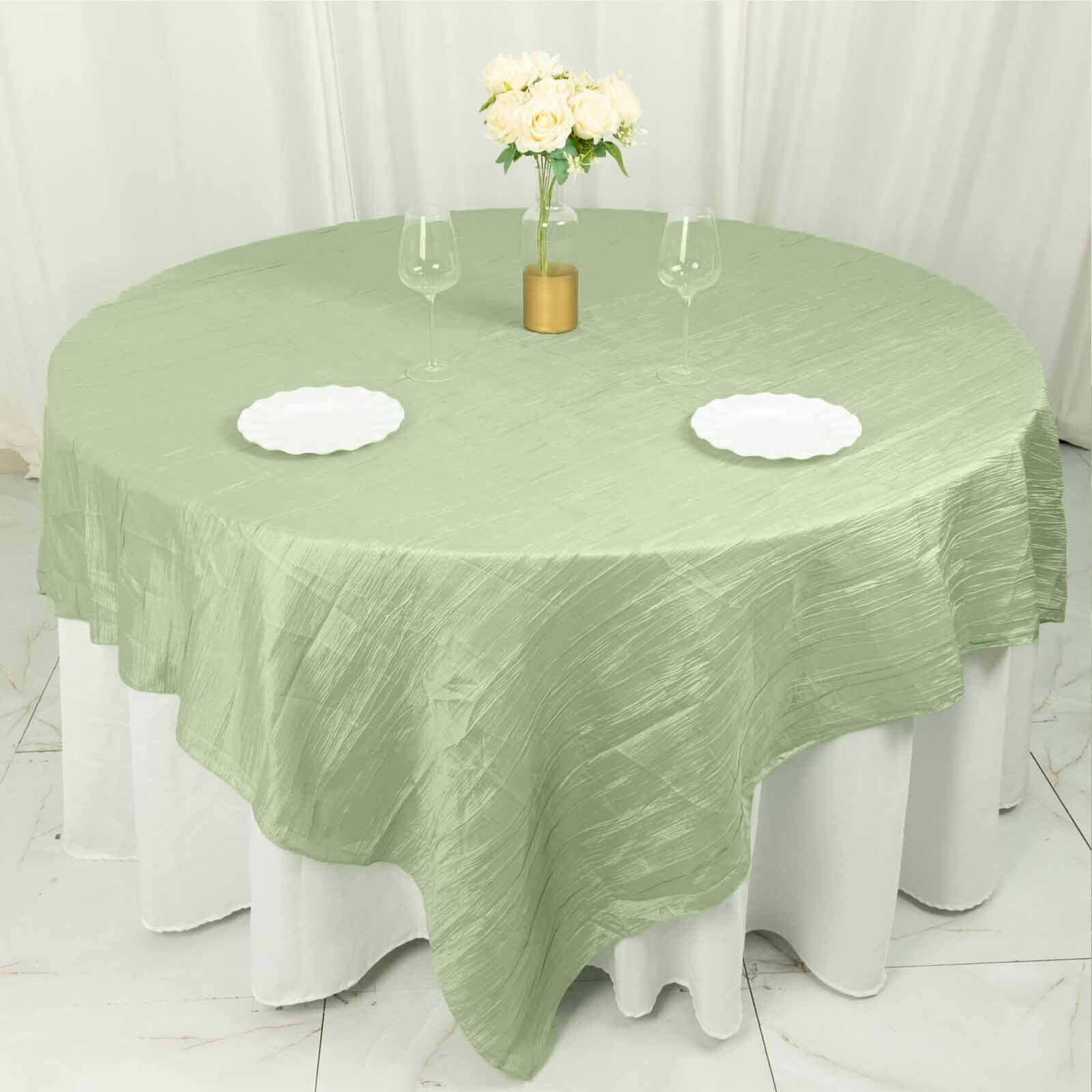Taffeta 90"x90" Table Overlay Square Tablecloth Sage Green - Accordion Crinkle Table Cover
