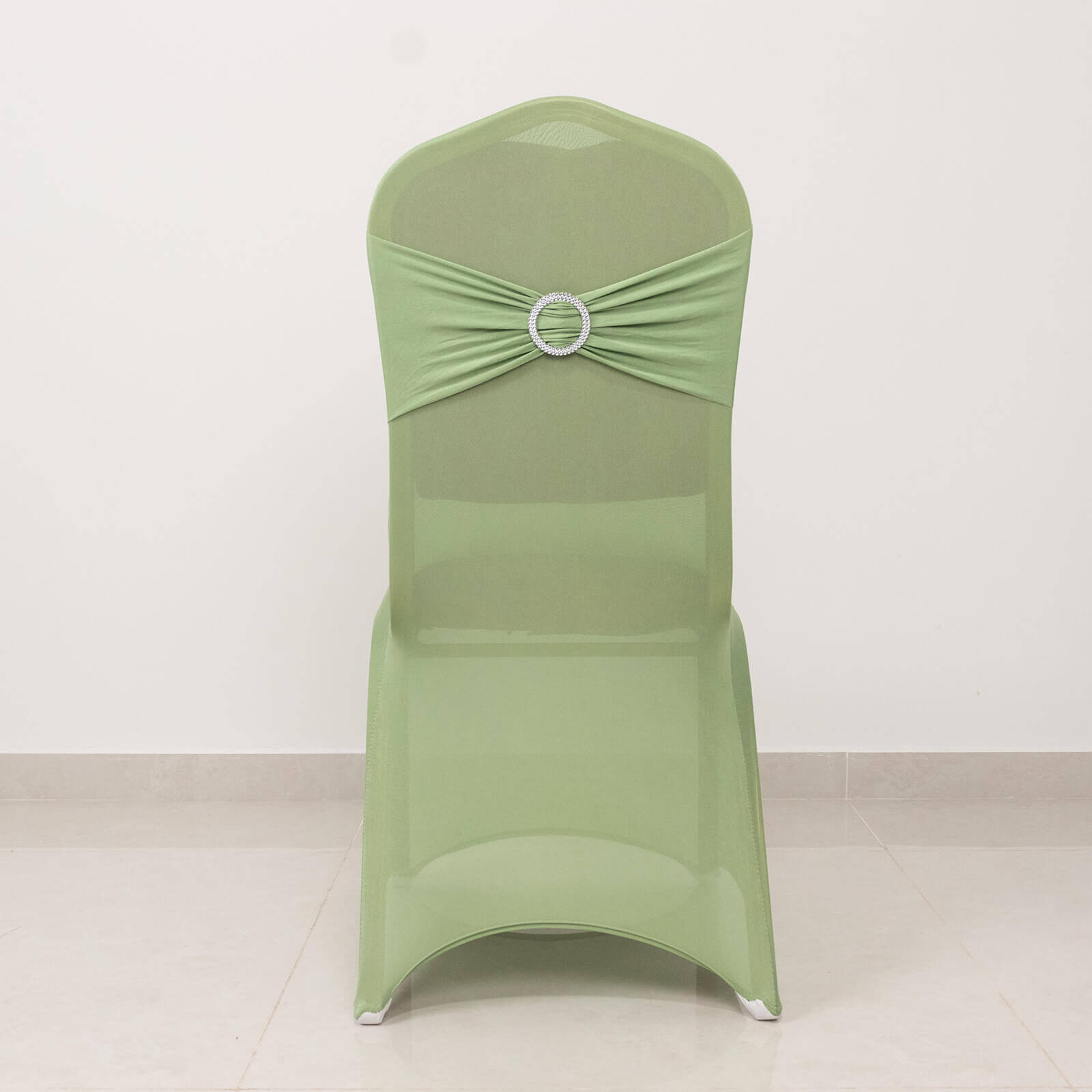 Spandex Chair Cover with Silver Rhinestone Buckled Sash Band Sage Green - Stretch Fitted Slipcover