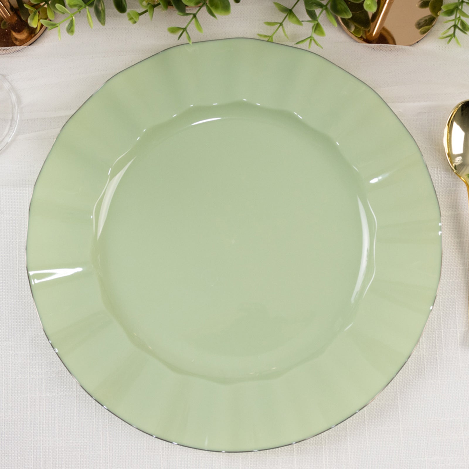 10-Pack Plastic 11" Round Dinner Plates in Sage Green Ruffled Rim with Gold Edging - Sturdy Disposable Dinnerware