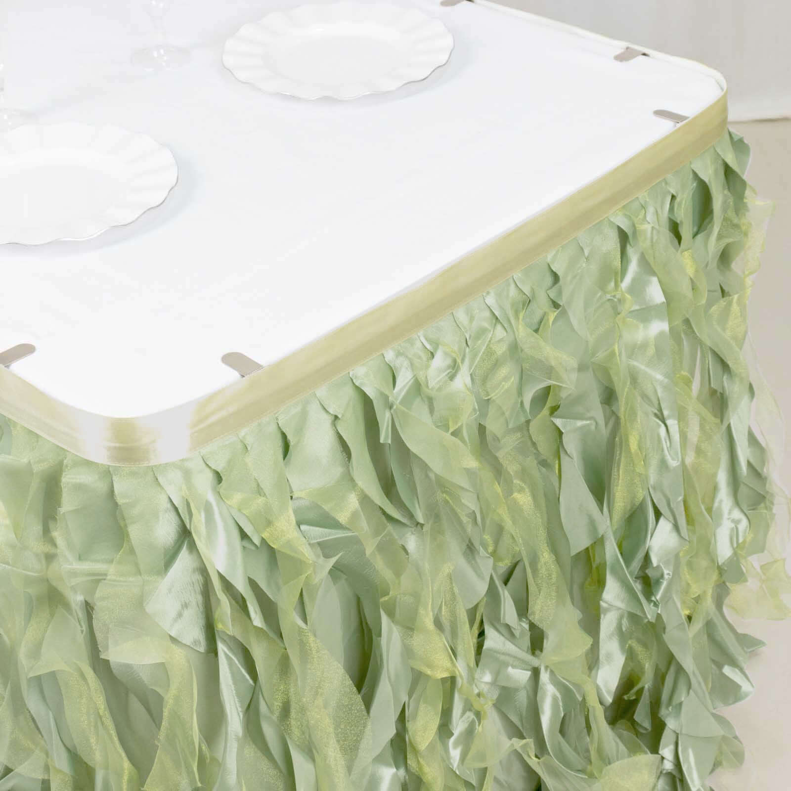Taffeta 14ft Table Skirt Sage Green - Cascading Curly Willow Style Table Cover