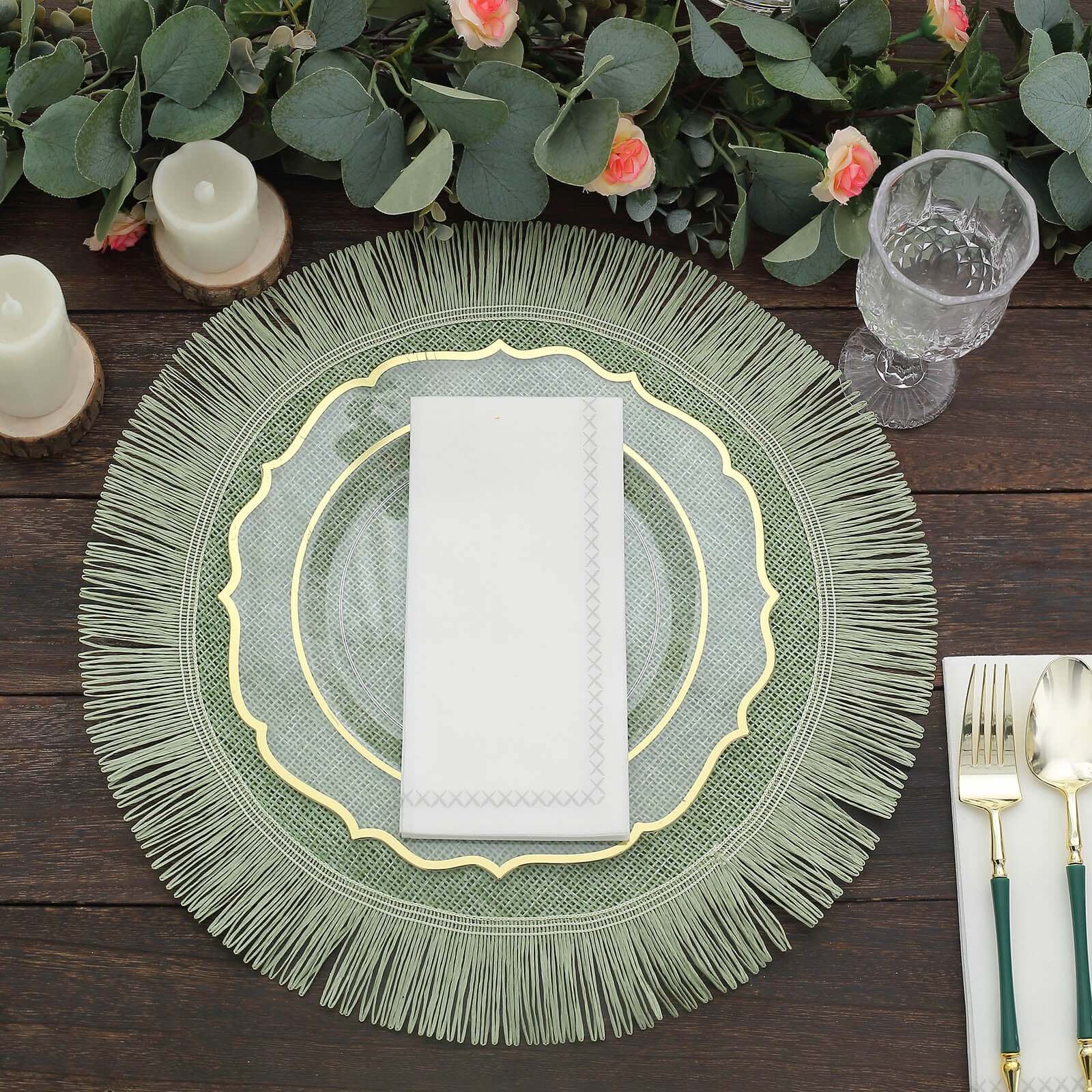 4-Pack Placemats Fringe Edge Design Sage Green Jute Round - Rustic Boho Chic Burlap Table Decor 16"