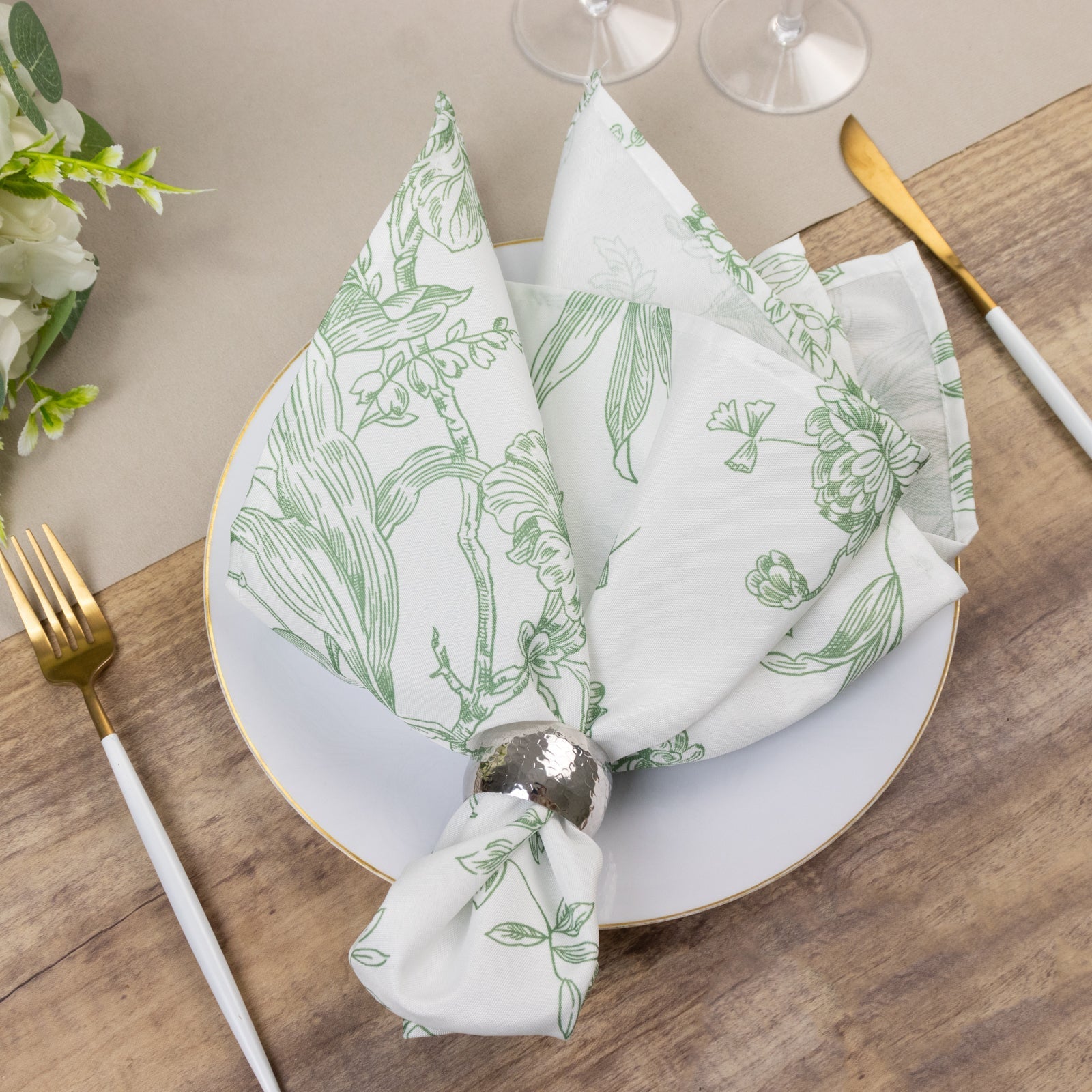 5 Pack Polyester 20"x20" Dinner Napkins White with Dusty Sage Green French Toile Pattern - Reusable Floral Cloth Napkins