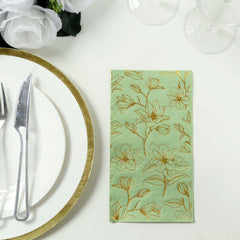 50-Pack Paper Dinner Napkins Sage Green with Gold Magnolia Flowers Print 2-Ply - Disposable Soft Napkins for Parties
