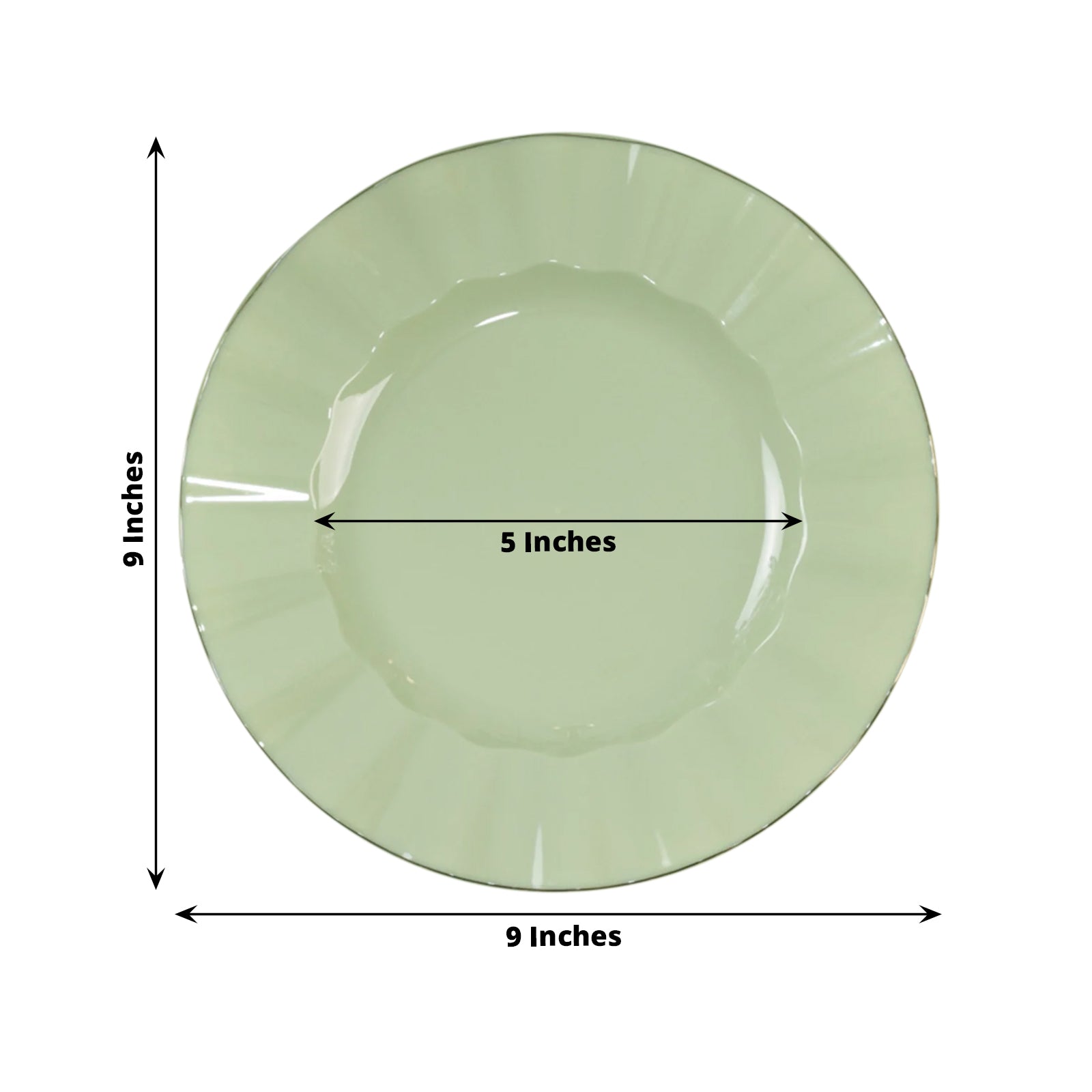 10-Pack Plastic 9" Round Dinner Plates in Sage Green Ruffled Rim with Gold Edging - Sturdy Disposable Dinnerware
