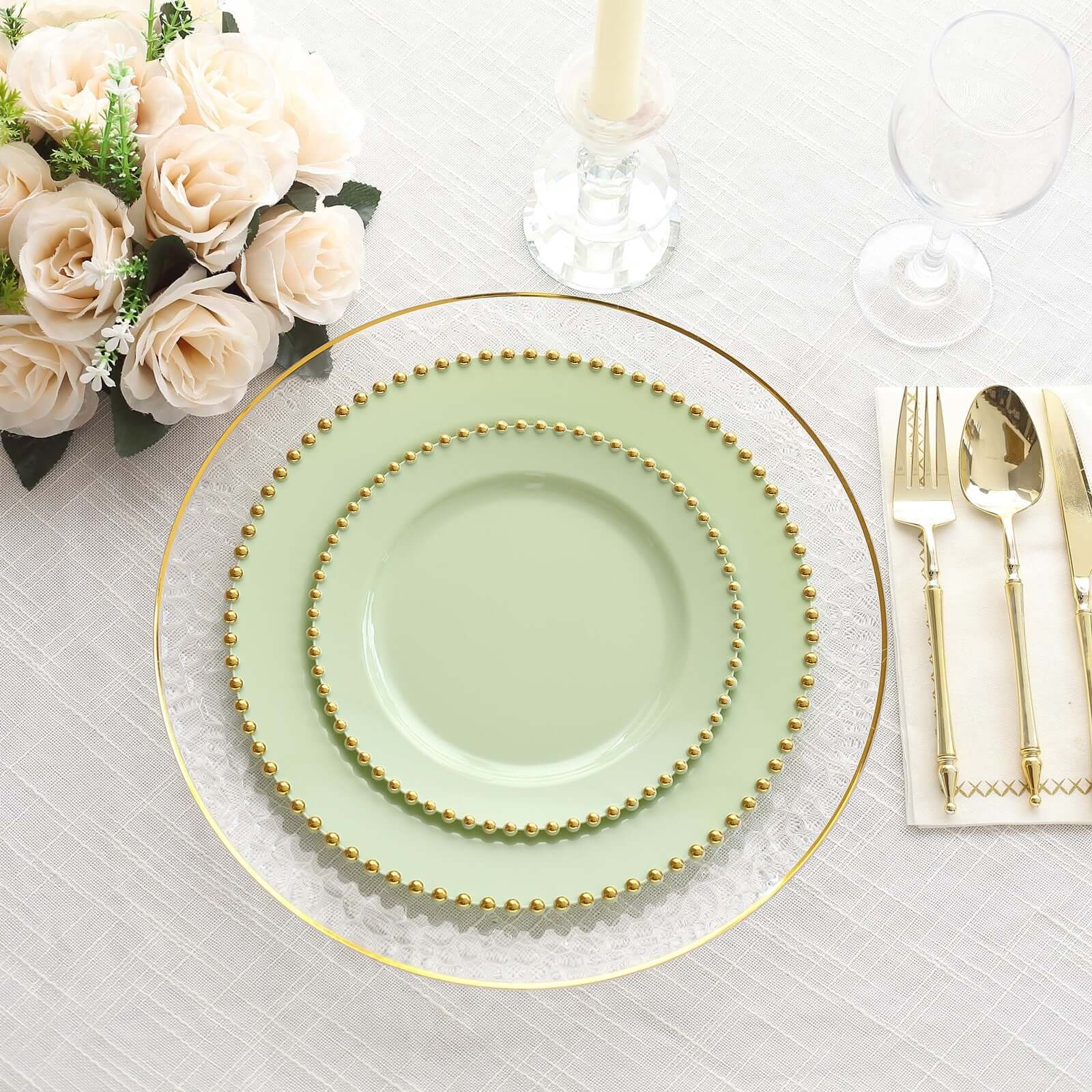 10-Pack Sage Green Plastic Dessert Plates – 8" Round with Gold Beaded Rim, Disposable for Parties & Events