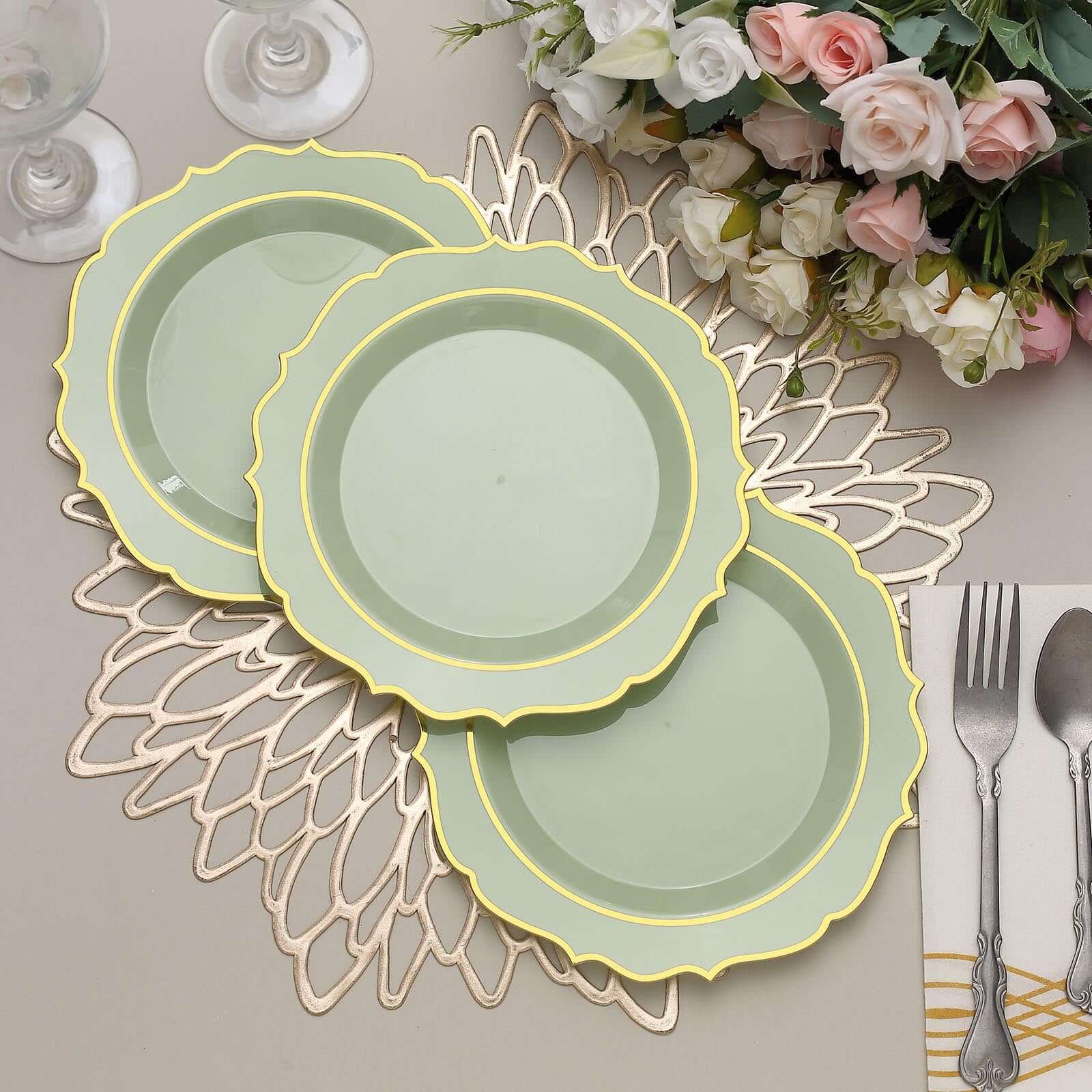 10-Pack Plastic 8" Round Dessert Plates in Sage Green with Gold Scalloped Rim - Disposable Appetizer/Salad Plates