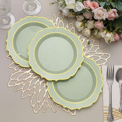 10-Pack Plastic 8" Round Dessert Plates in Sage Green with Gold Scalloped Rim - Disposable Appetizer/Salad Plates