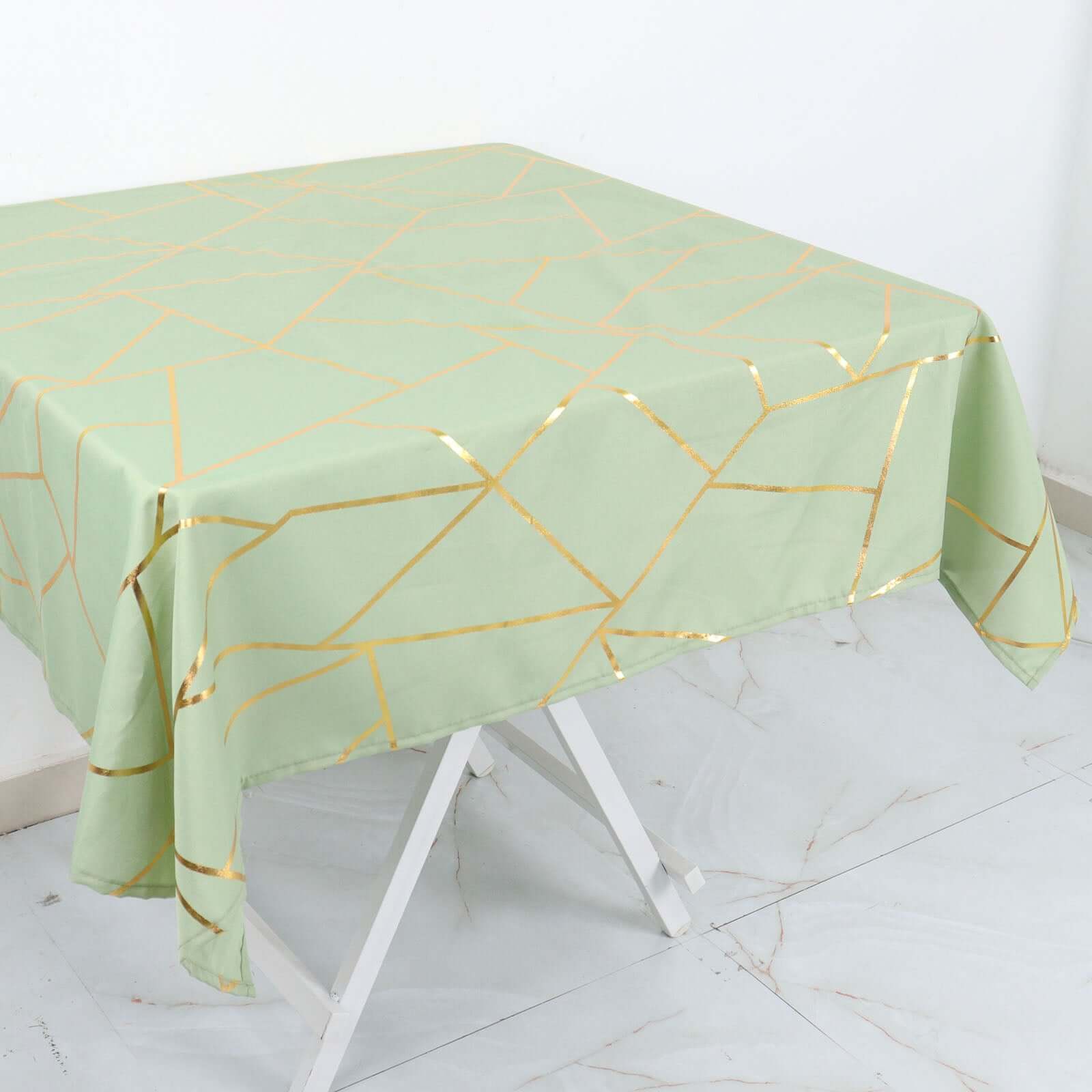 Polyester 54"x54" Square Tablecloth Sage Green with Gold Foil Geometric Pattern - Wrinkle-Resistant & Durable for Stylish Settings