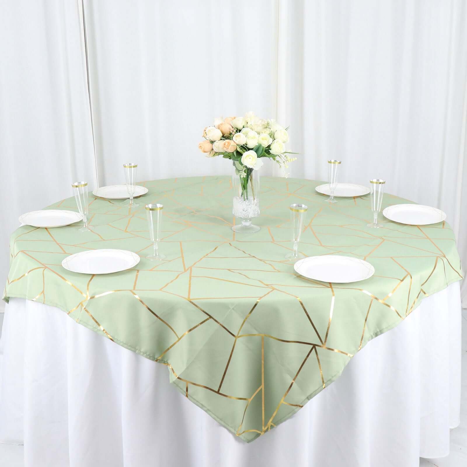 Polyester 54"x54" Table Overlay Square Tablecloth Sage Green with Gold Foil Geometric Pattern - Wrinkle-Resistant & Durable for Stylish Settings