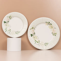 25-Pack Paper 8" Round Dessert Plates in White with Sage Green Floral Print & Lined Rim