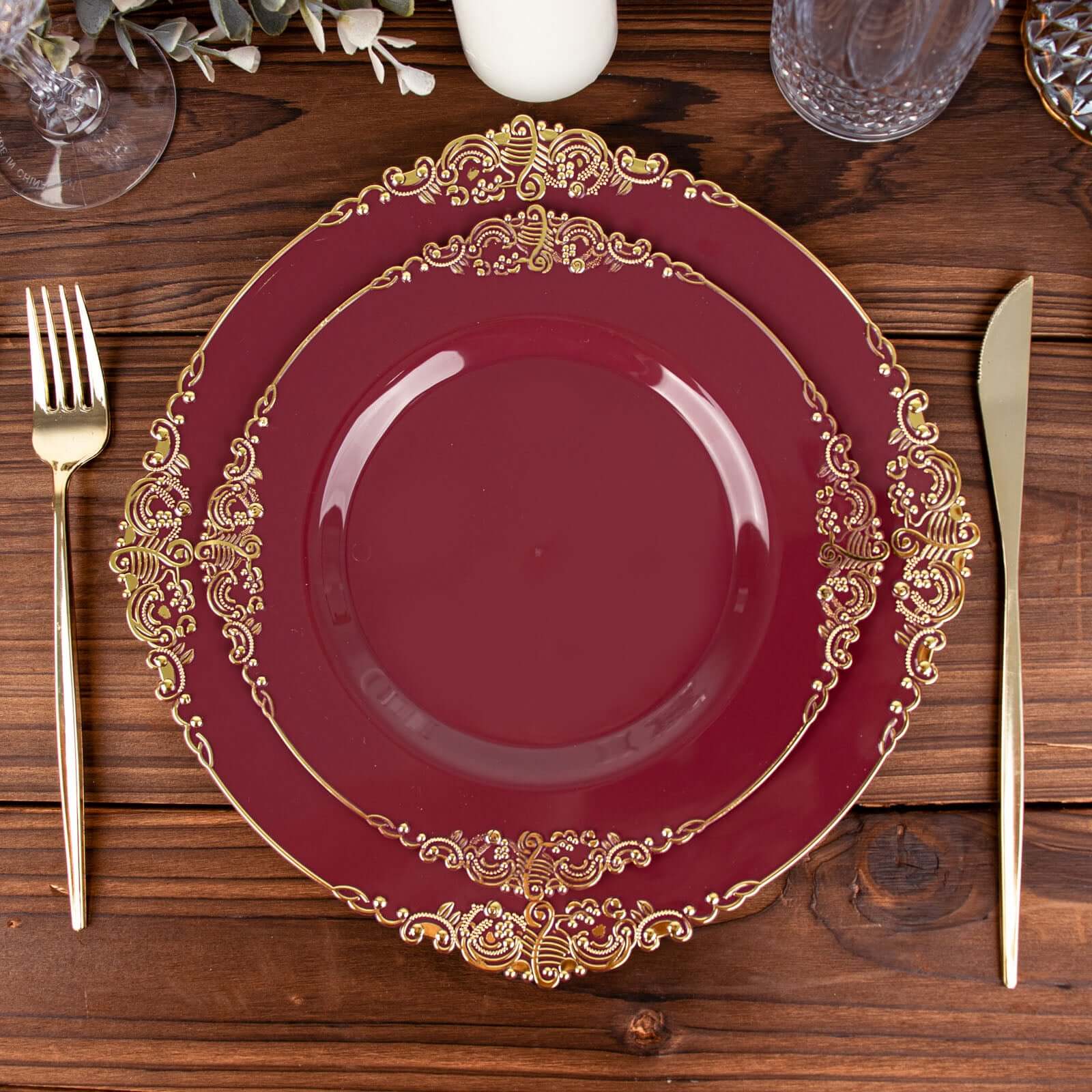 10-Pack Plastic 8" Round Dessert Plates in Burgundy with Gold Leaf Embossed Rim for Gatherings & Events