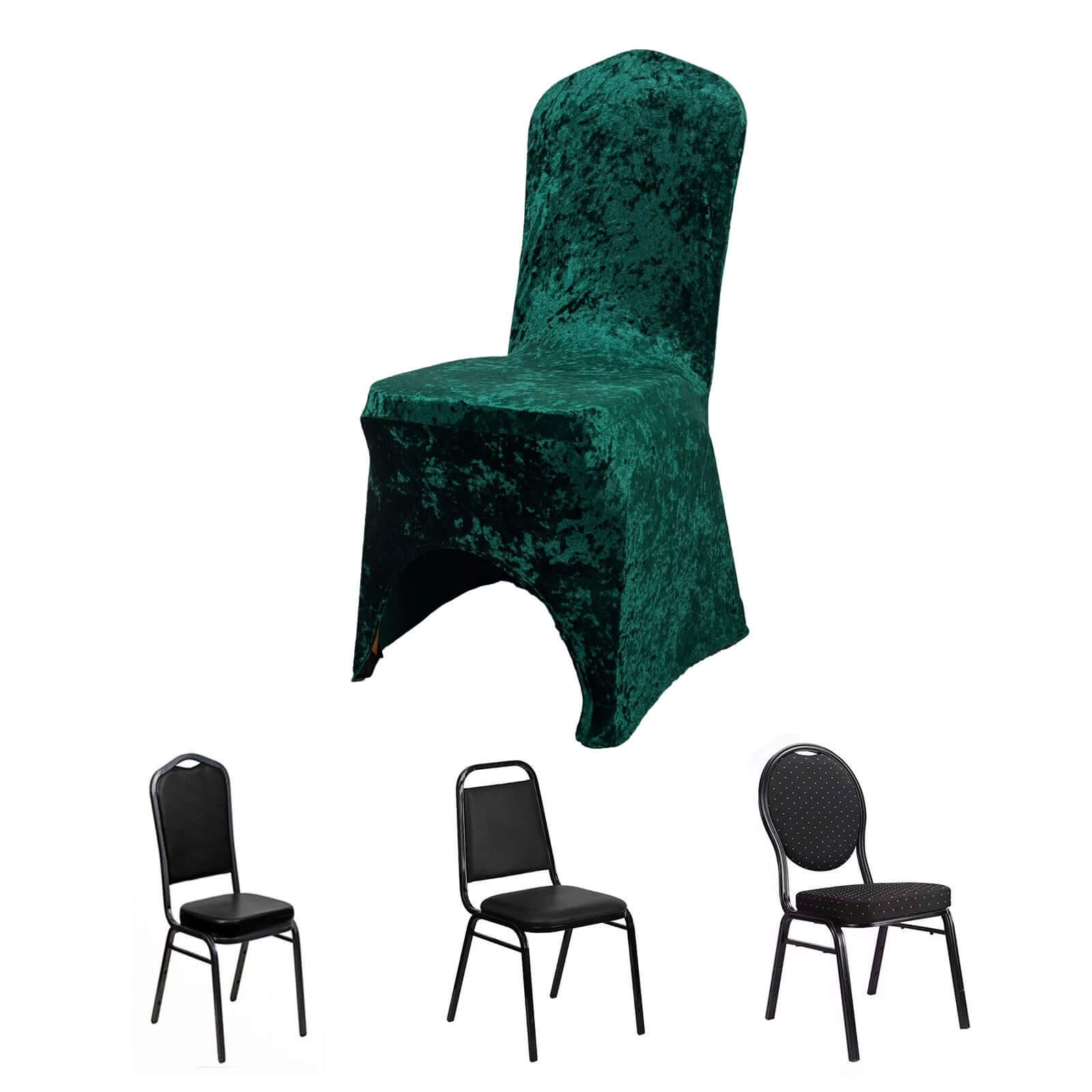 Crushed Velvet Spandex Banquet Chair Cover Fitted Slipcover Hunter Emerald Green - Stretch 190GSM Slipcover with Foot Pockets