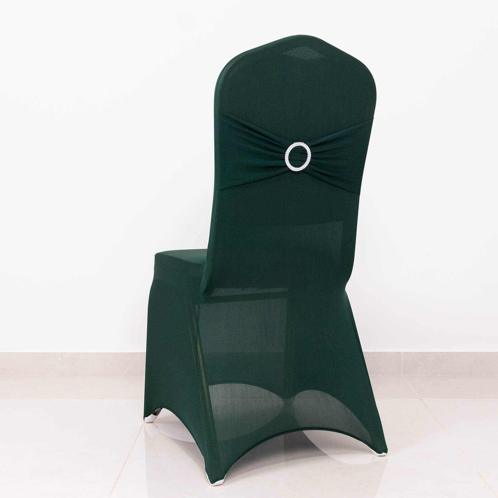 Spandex Chair Cover with Silver Rhinestone Buckled Sash Band Hunter Emerald Green - Stretch Fitted Slipcover