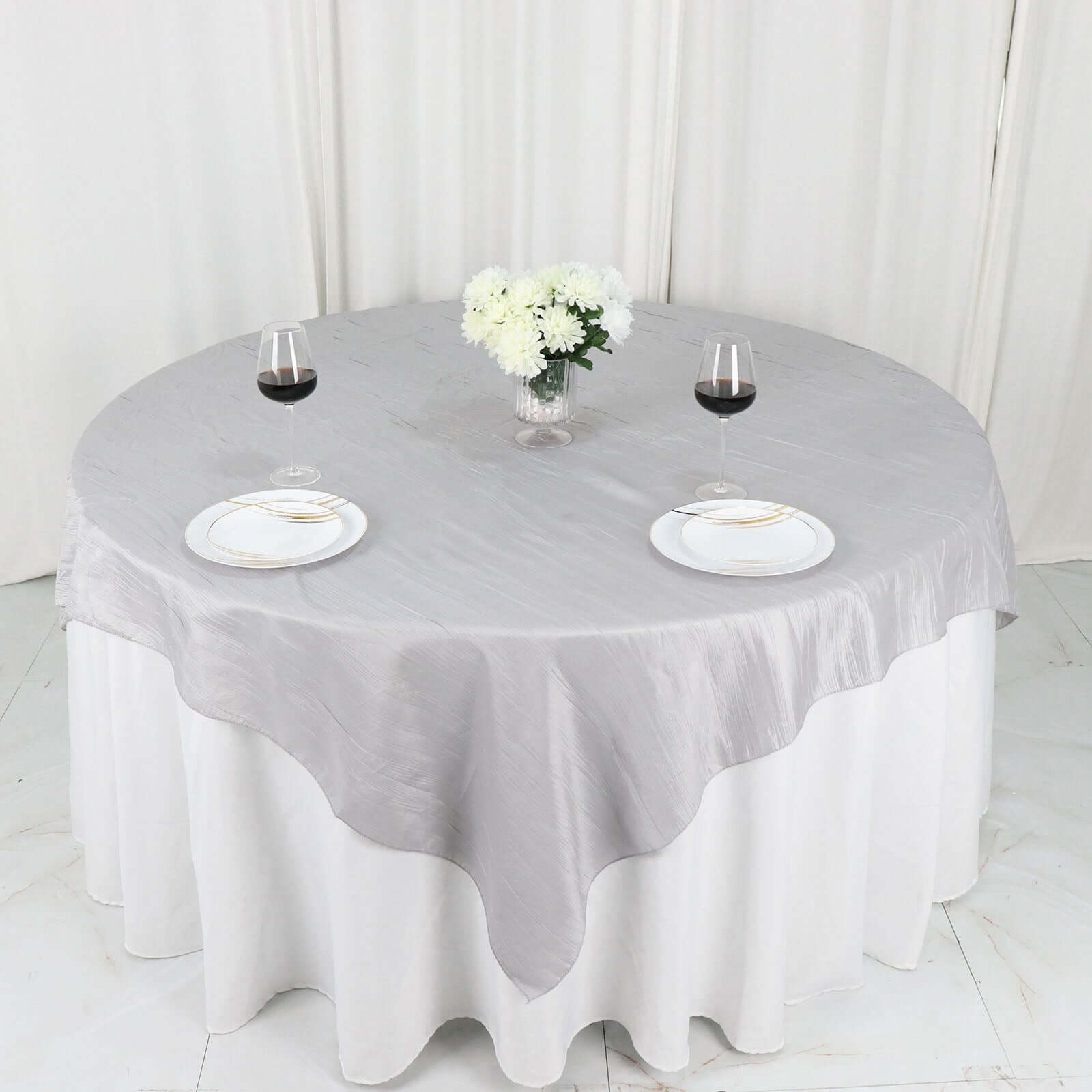 Taffeta 72"x72" Table Overlay Square Tablecloth Silver - Accordion Crinkle Table Cover
