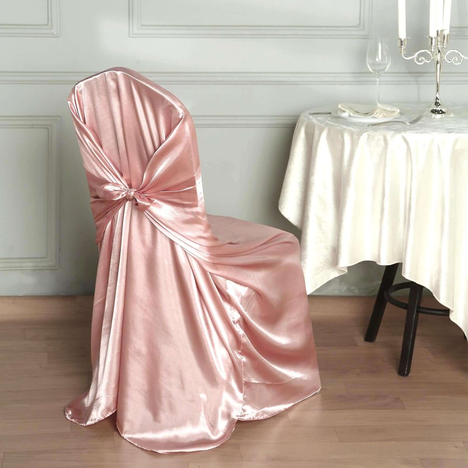 Satin Chair Cover Self-Tie Universal Design Dusty Rose - Durable Slip-On Cover for Folding, Dining, Banquet & Standard Chairs