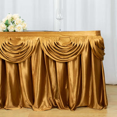 Satin 14ft Table Skirt Gold Pleated Double Drape Design - Soft & Graceful for Events