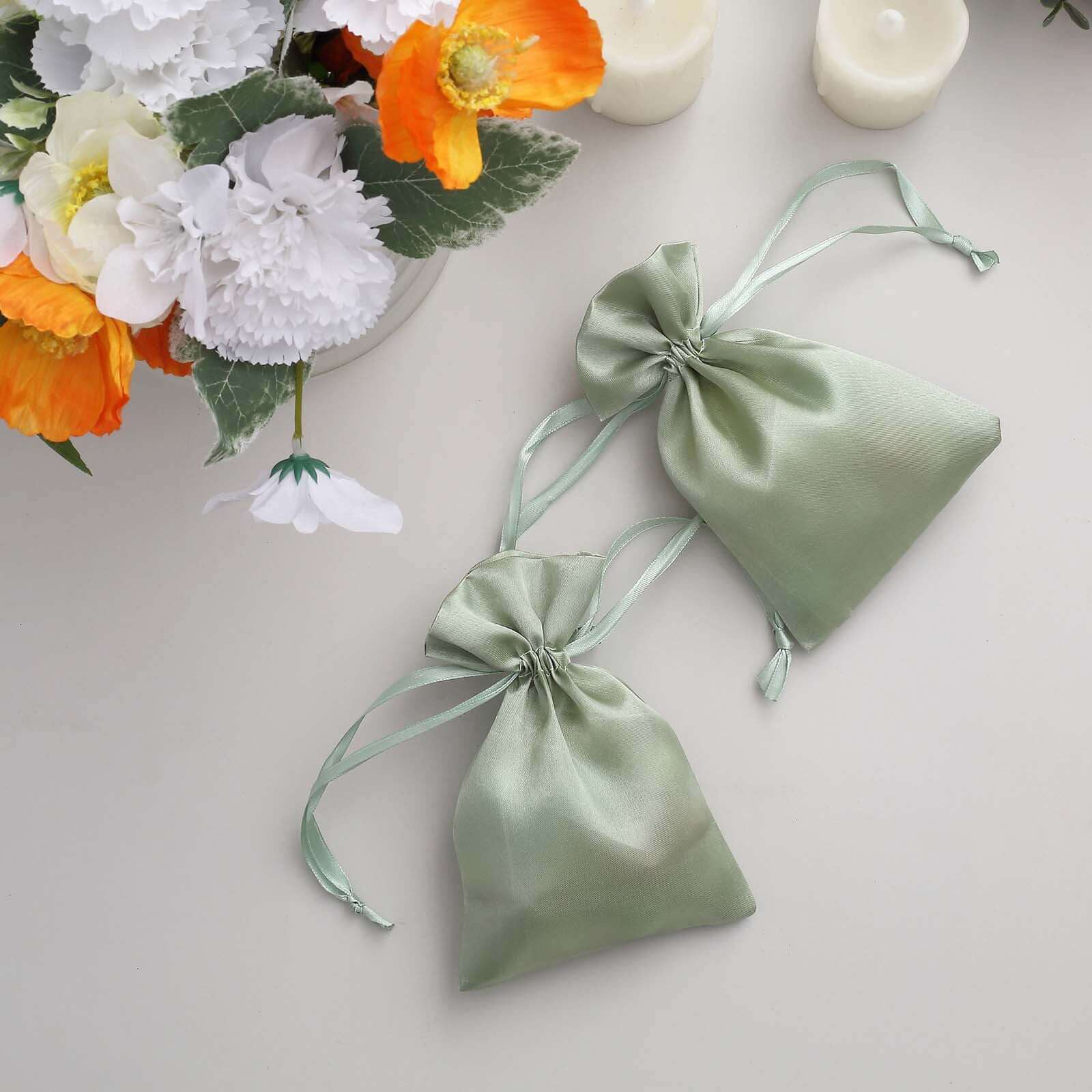 12 Pack 4"x6" Sage Green Satin Drawstring Wedding Party Favor Gift Bags